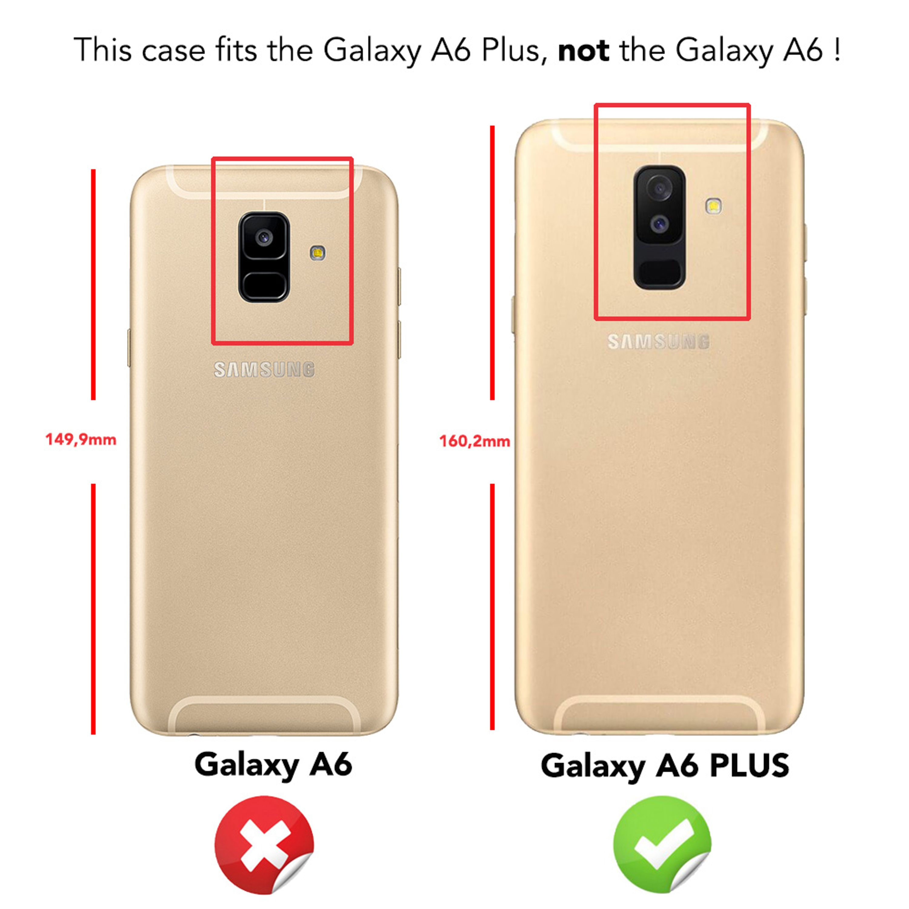 Zwei goldene Samsung Handys, eines größer als das andere, mit Maßen.