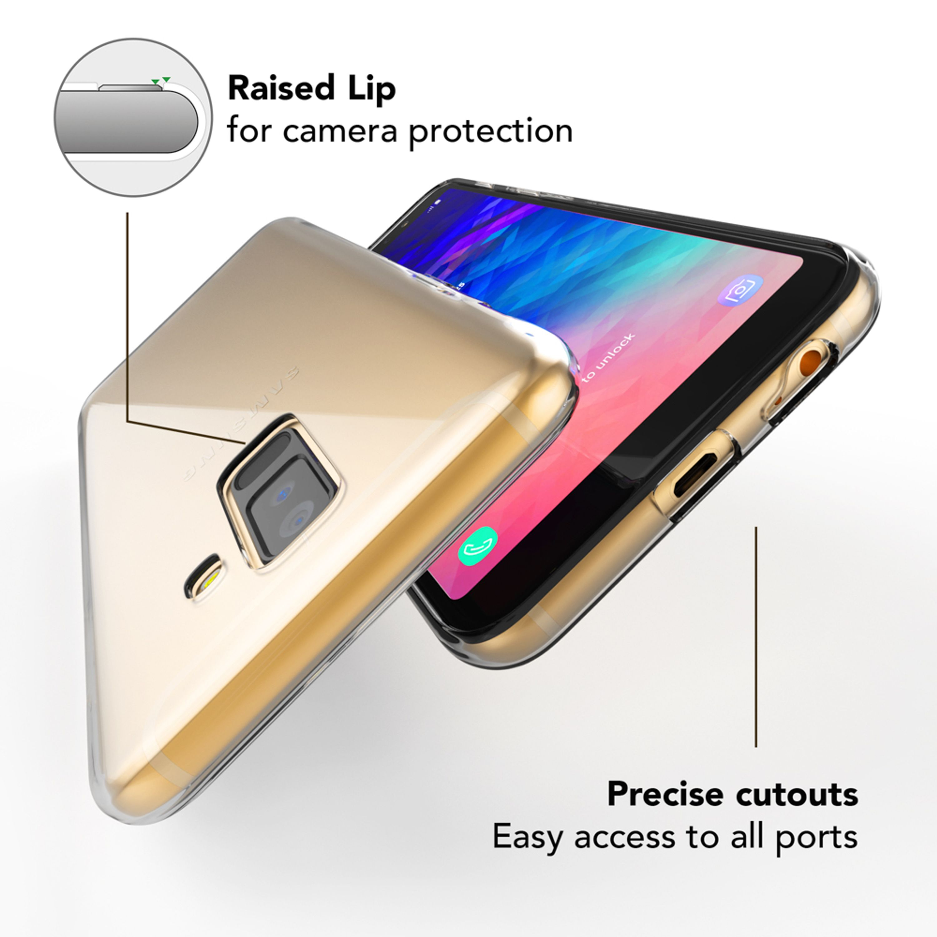 Goldene Handyhülle mit präzisen Ausschnitten und erhöhtem Rand zum Schutz der Kamera.