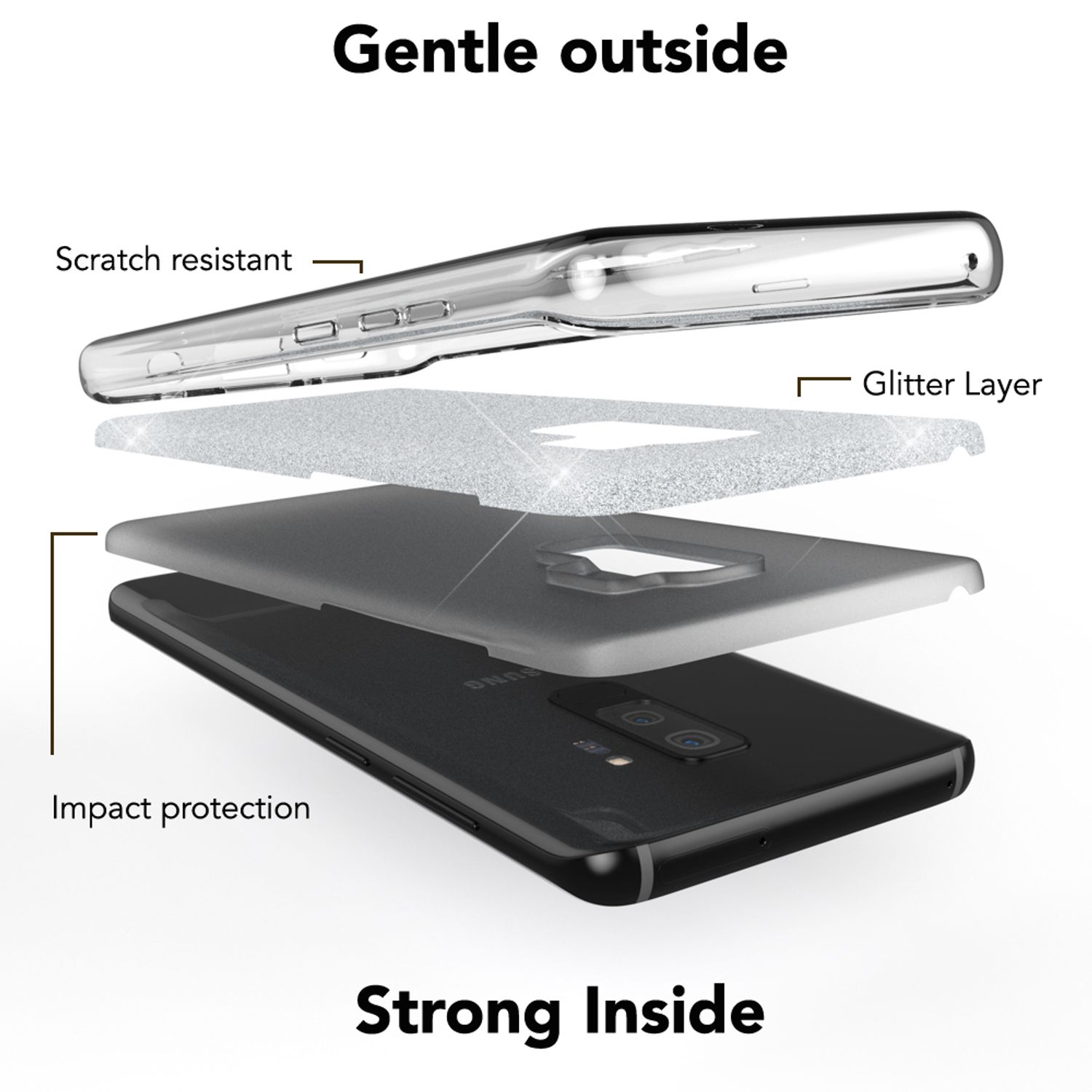 Vista esplosa di una custodia per telefono con strato glitterato, resistente ai graffi.