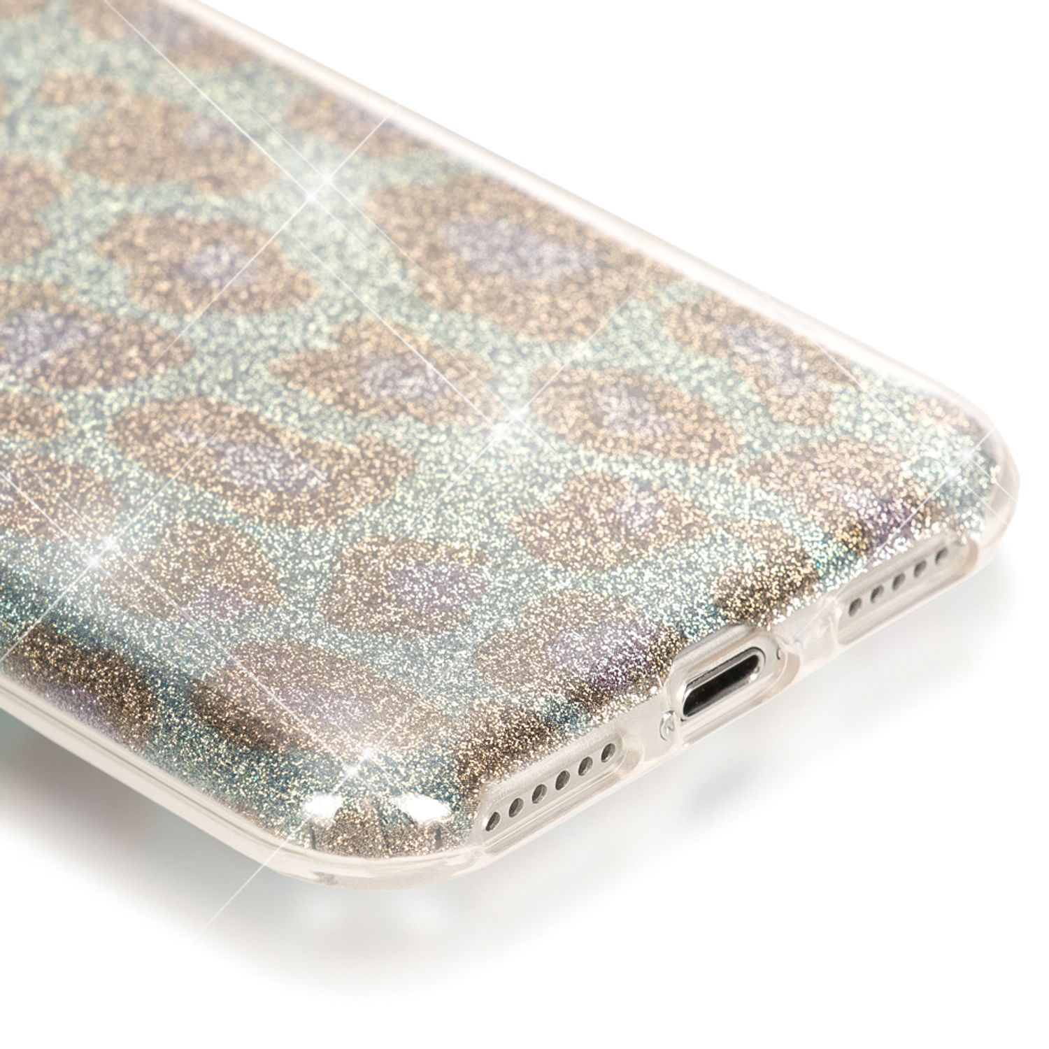 Eine durchsichtige Handyhülle mit glitzerndem Leopardenmuster in Gold-, Silber- und Lilatönen.