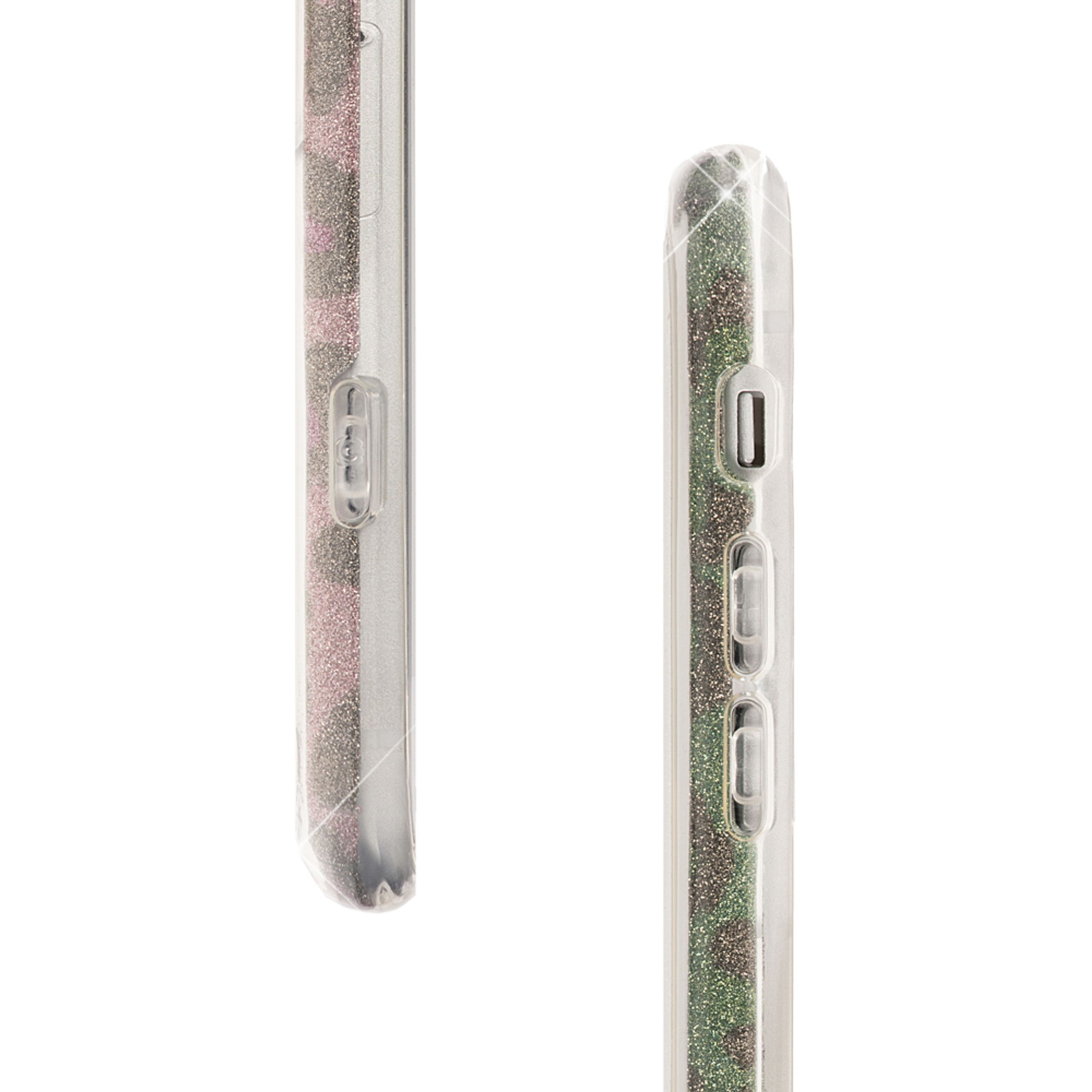 Zwei Handyhüllen mit Glitzer in Camouflage-Optik, auf weißem Hintergrund.