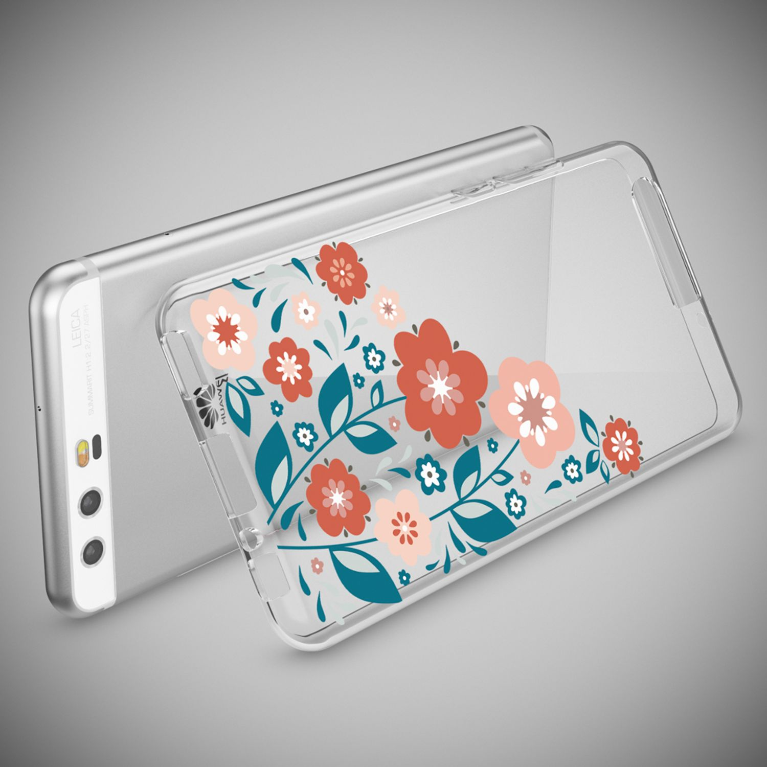 Ein silbernes Smartphone mit einer durchsichtigen Hülle mit Blumenmuster.