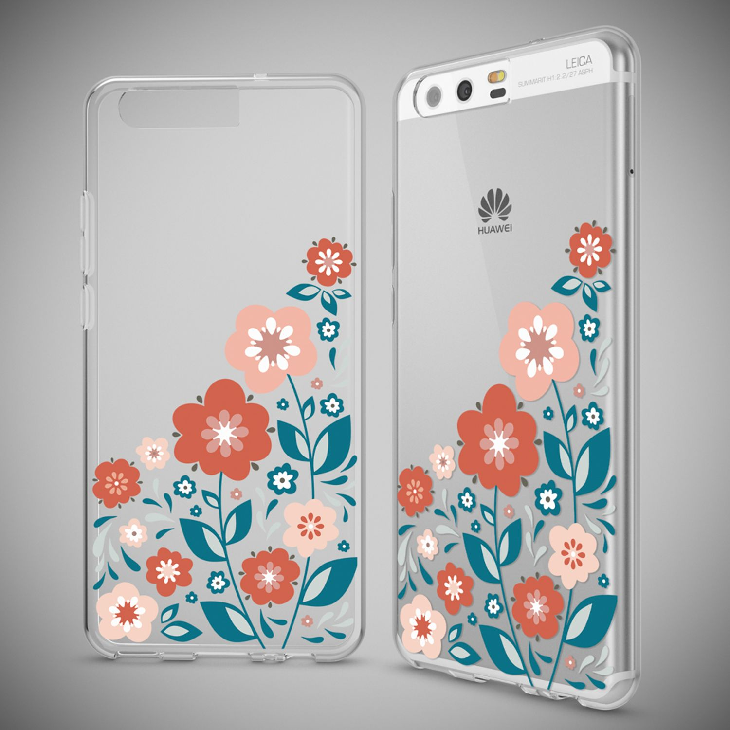 Transparente Handyhüllen mit blauen und roten Blumenmotiven.