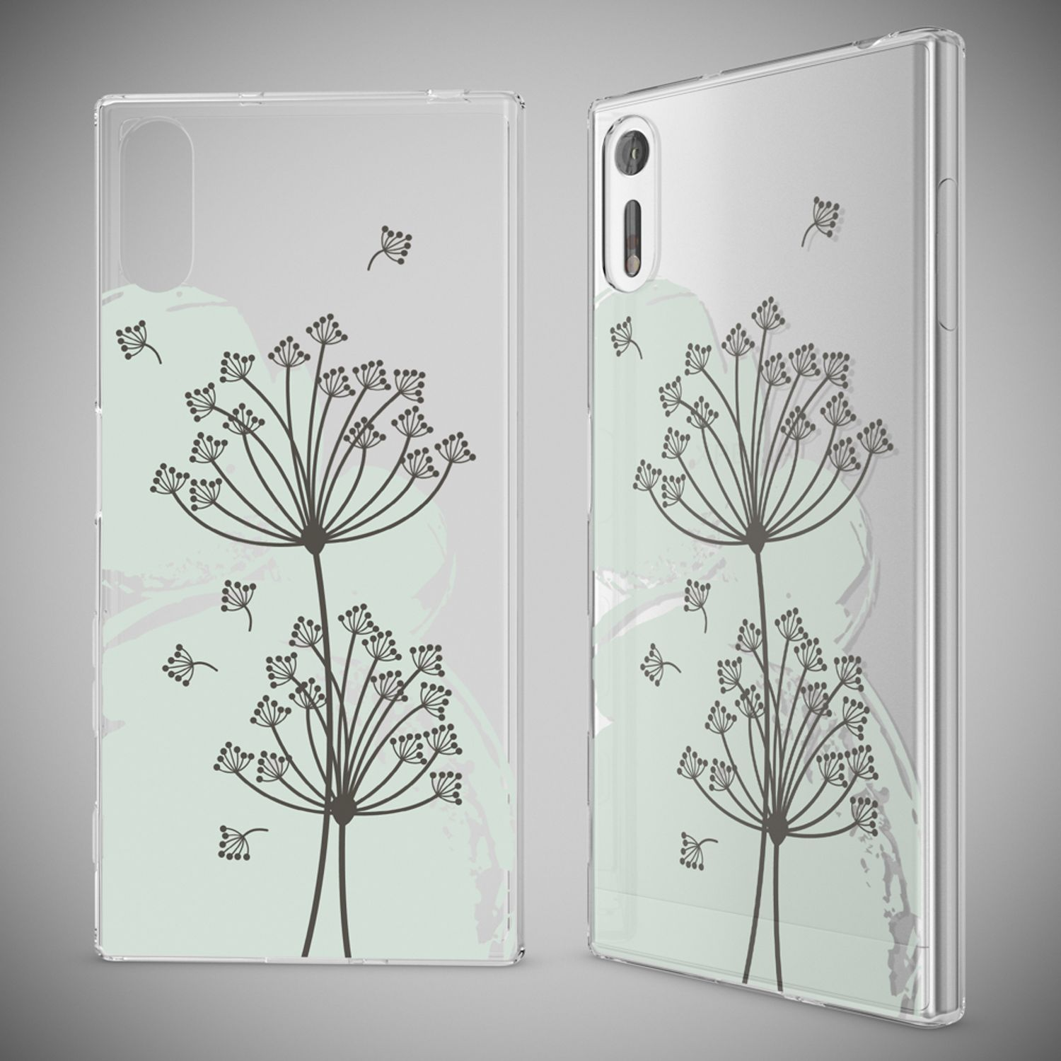 Transparente Handyhülle mit Dillblüten-Design auf blassgrünem Hintergrund.