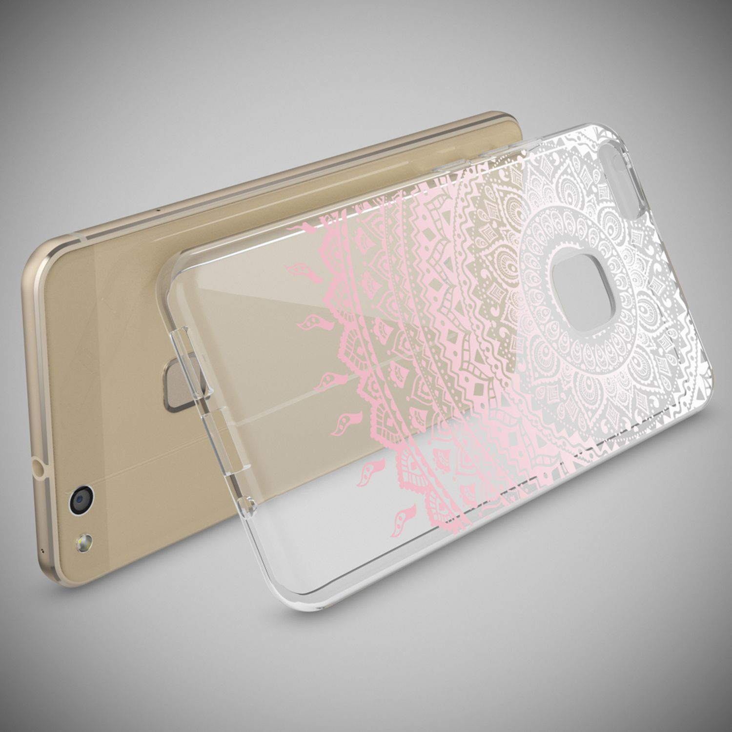 Uno smartphone dorato con custodia trasparente con motivi mandala rosa e bianchi.