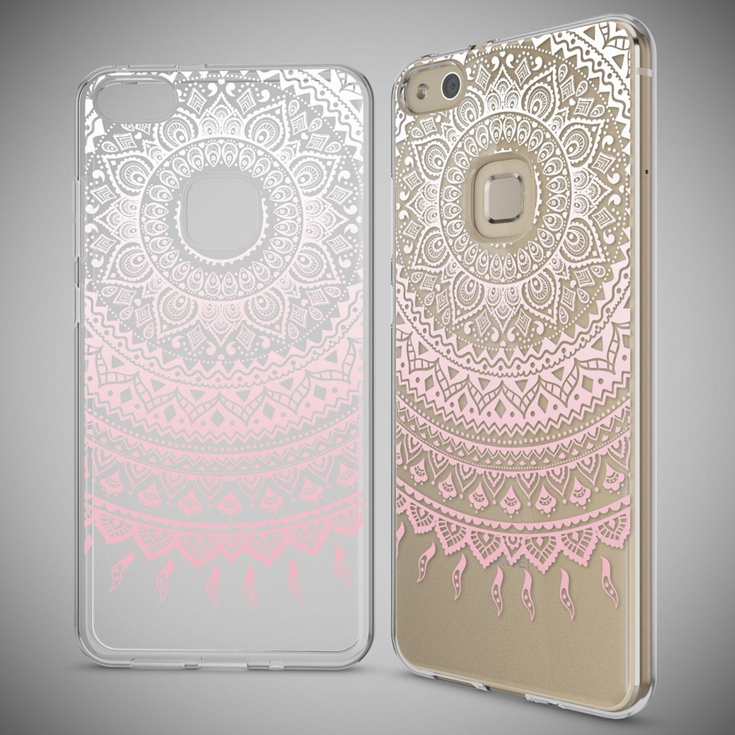Due custodie trasparenti per telefono con motivi mandala rosa e bianchi su sfondo grigio.