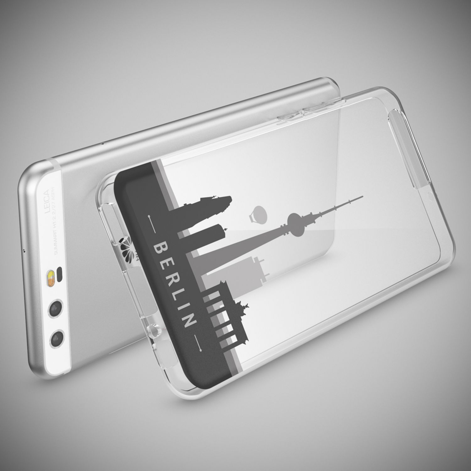 Silbernes Smartphone mit durchsichtiger Hülle und Berliner Skyline-Aufdruck.