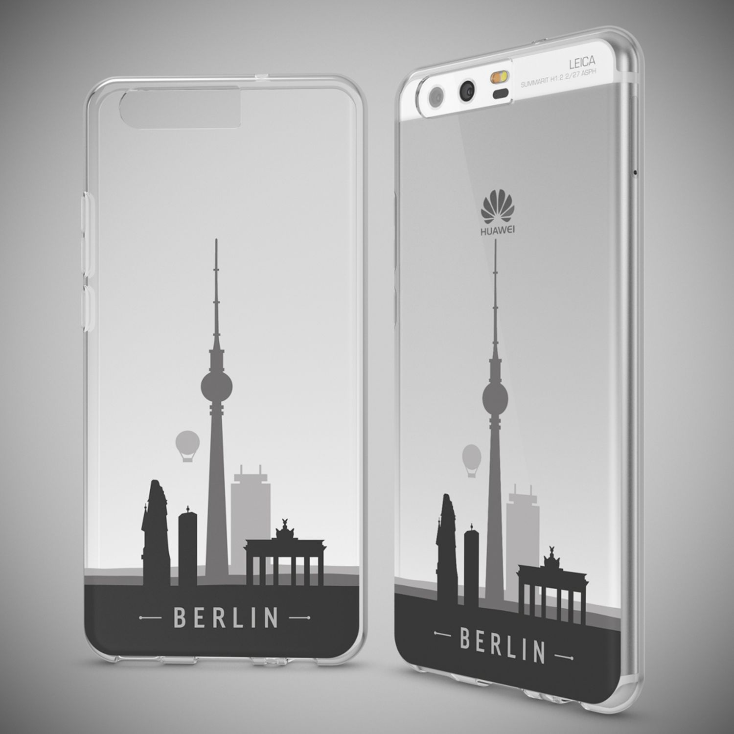 Zwei transparente Handyhüllen mit Berliner Skyline Motiv.