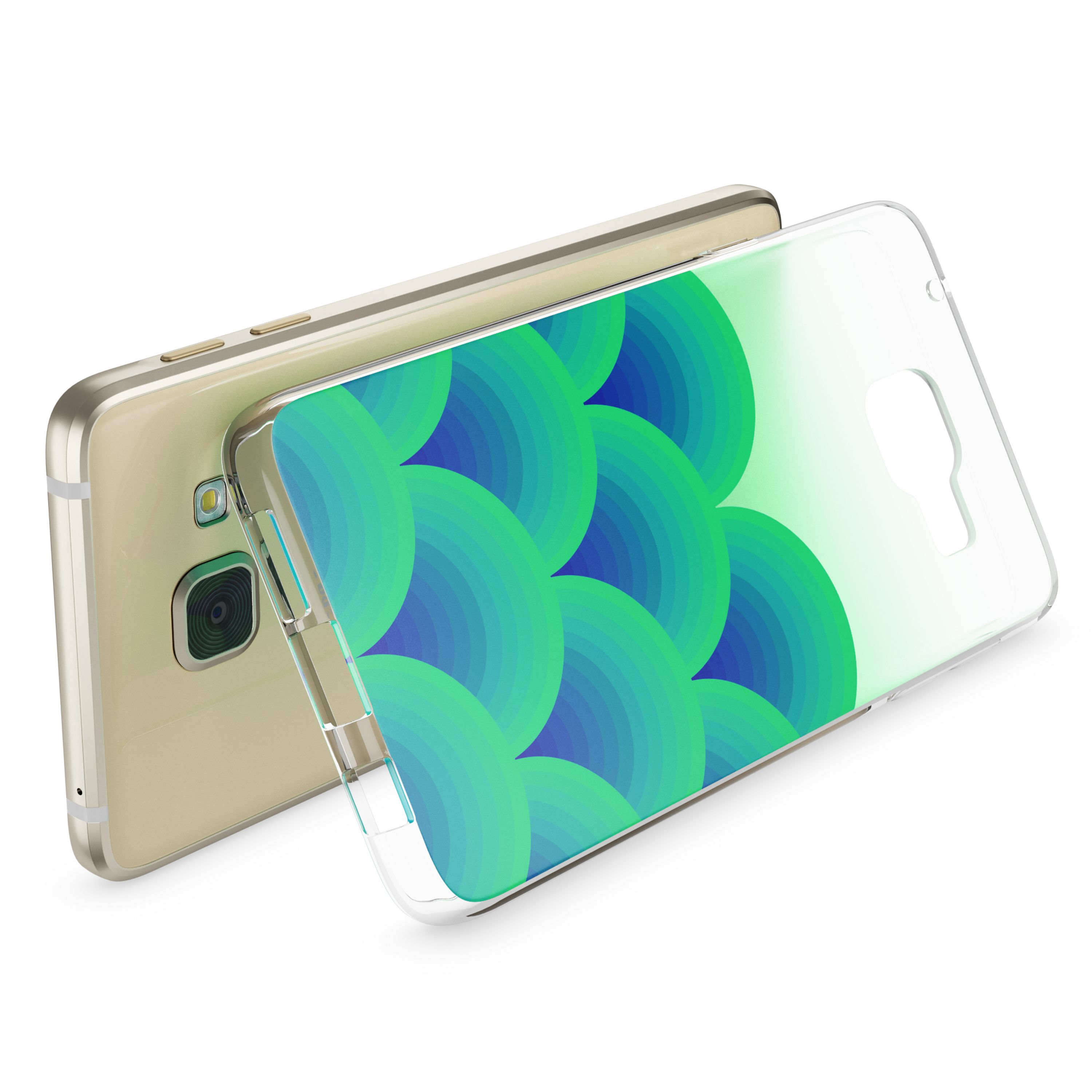 Ein transparentes Handyhülle mit blaugrünem Kreisdesign liegt auf einem goldenen Handy.