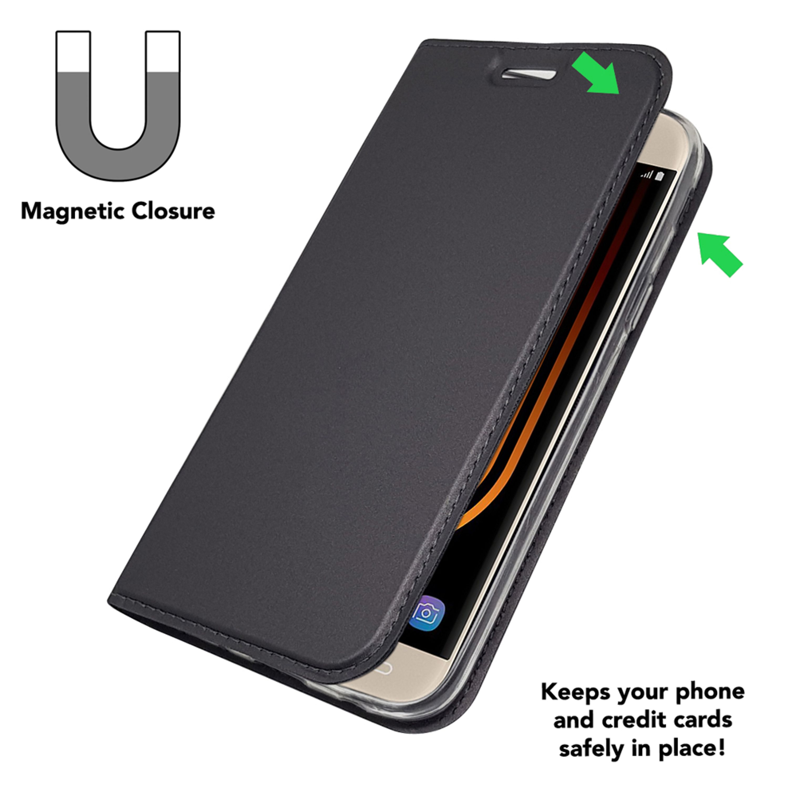 Schwarzes Handy-Flipcase mit Magnetverschluss und grünen Pfeilen.