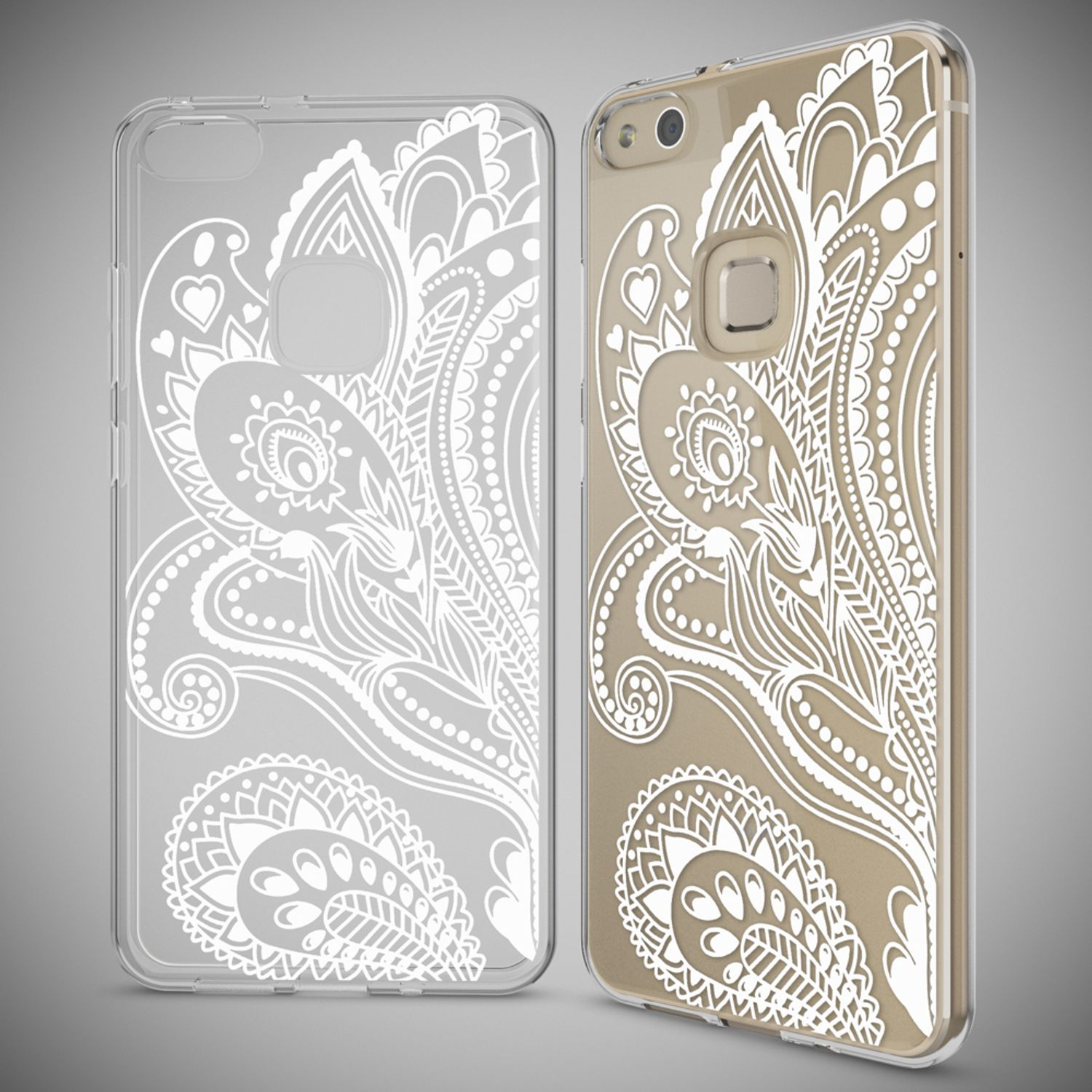 Due custodie trasparenti per telefono con motivo paisley bianco su sfondo grigio.