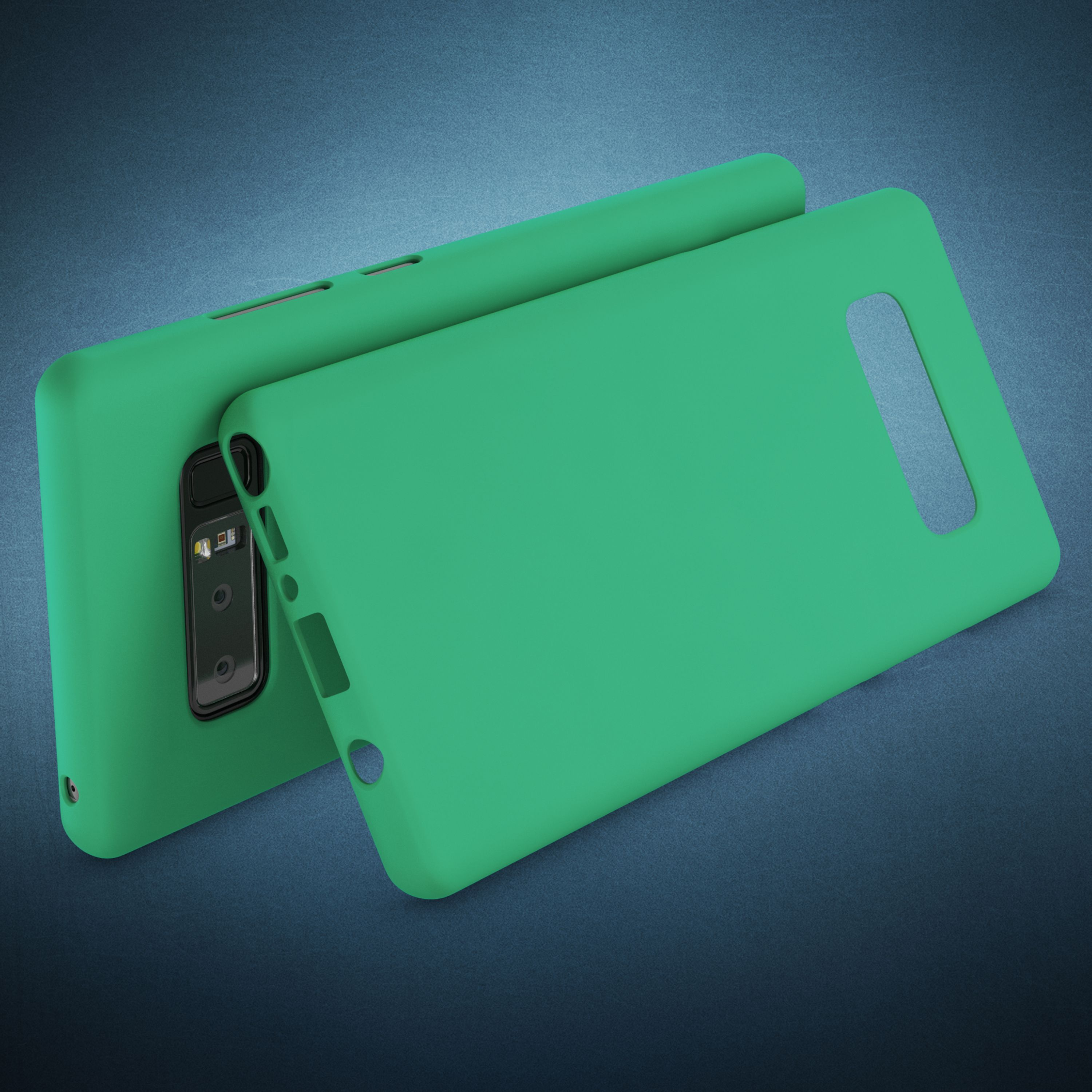 Zwei grüne Handyhüllen liegen auf einem blauen Untergrund.