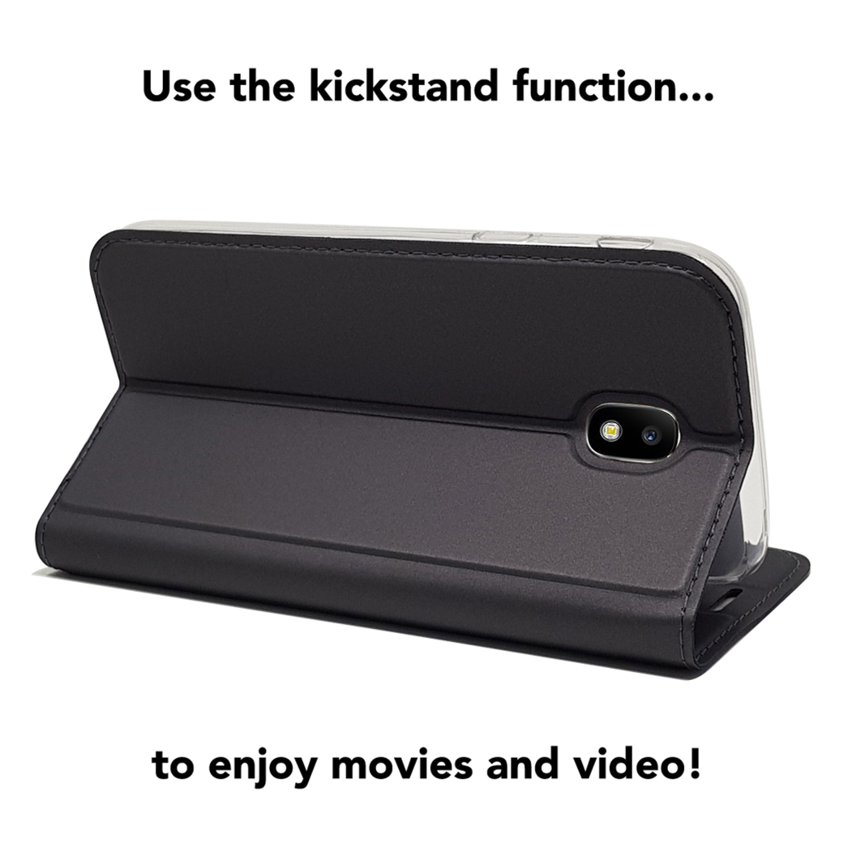 Ein schwarzes Handy im Klappcase mit Ständerfunktion für Filme.