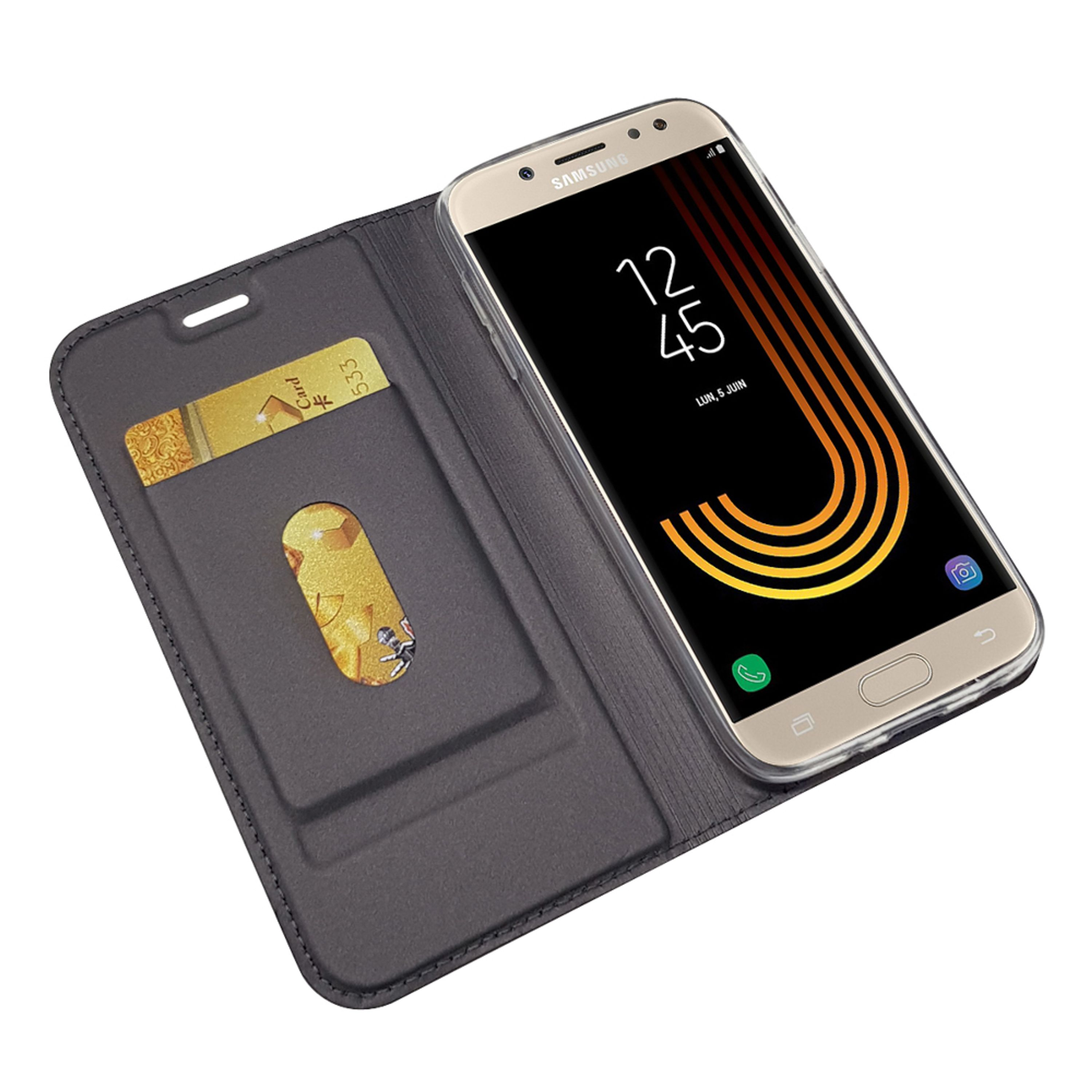 Ein Samsung-Smartphone in einer grauen Brieftaschenhülle mit Kartenfächern.