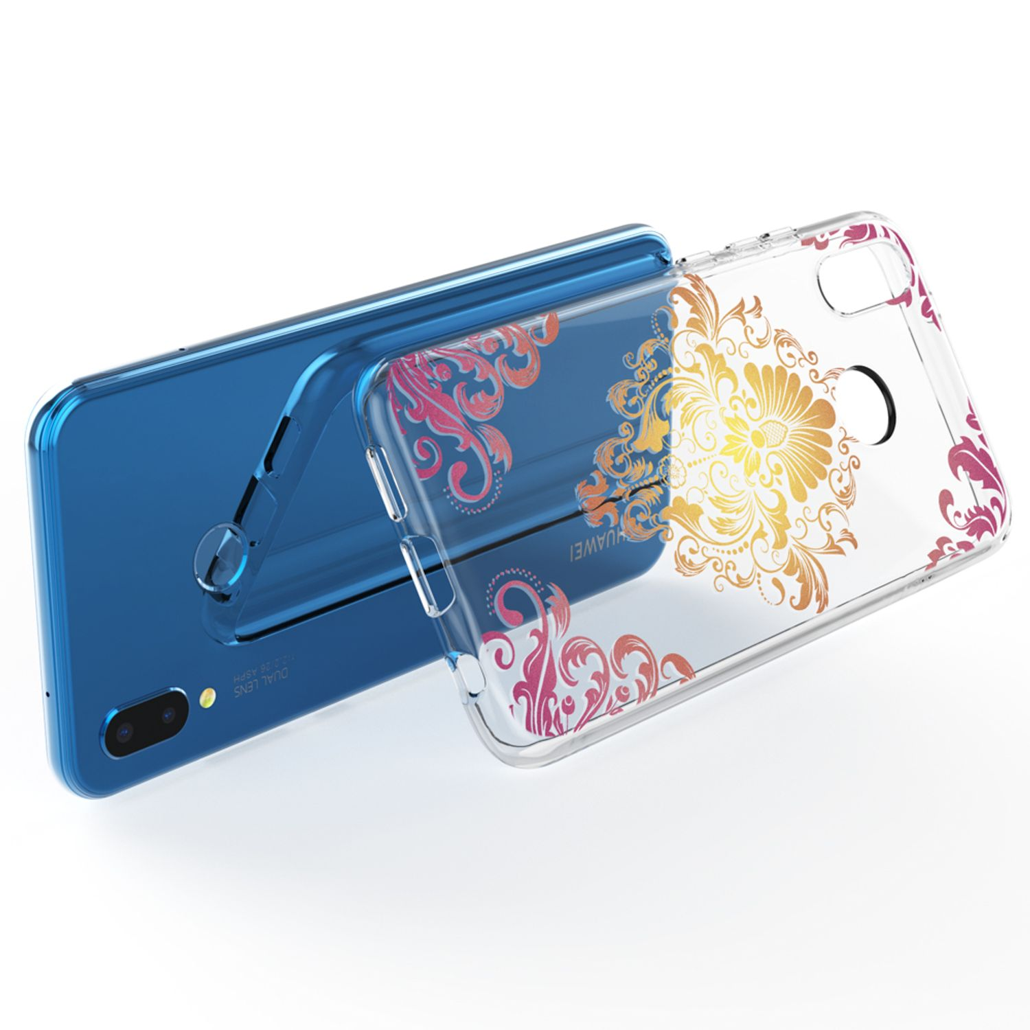 Ein blaues Smartphone mit einer transparenten Hülle mit floralem Muster.