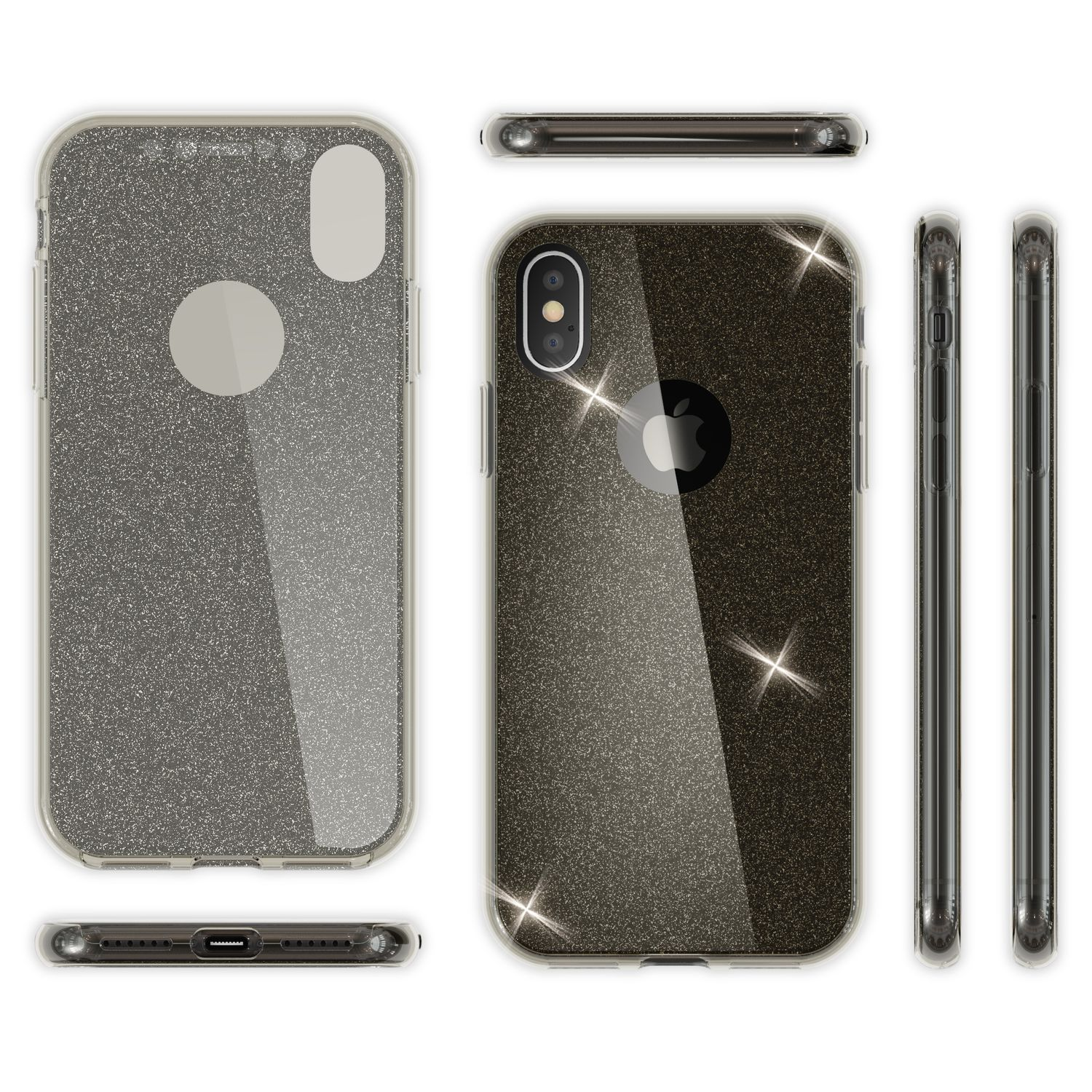 Glitzernde Handyhüllen für iPhone X auf weißem Hintergrund, verschiedene Ansichten.