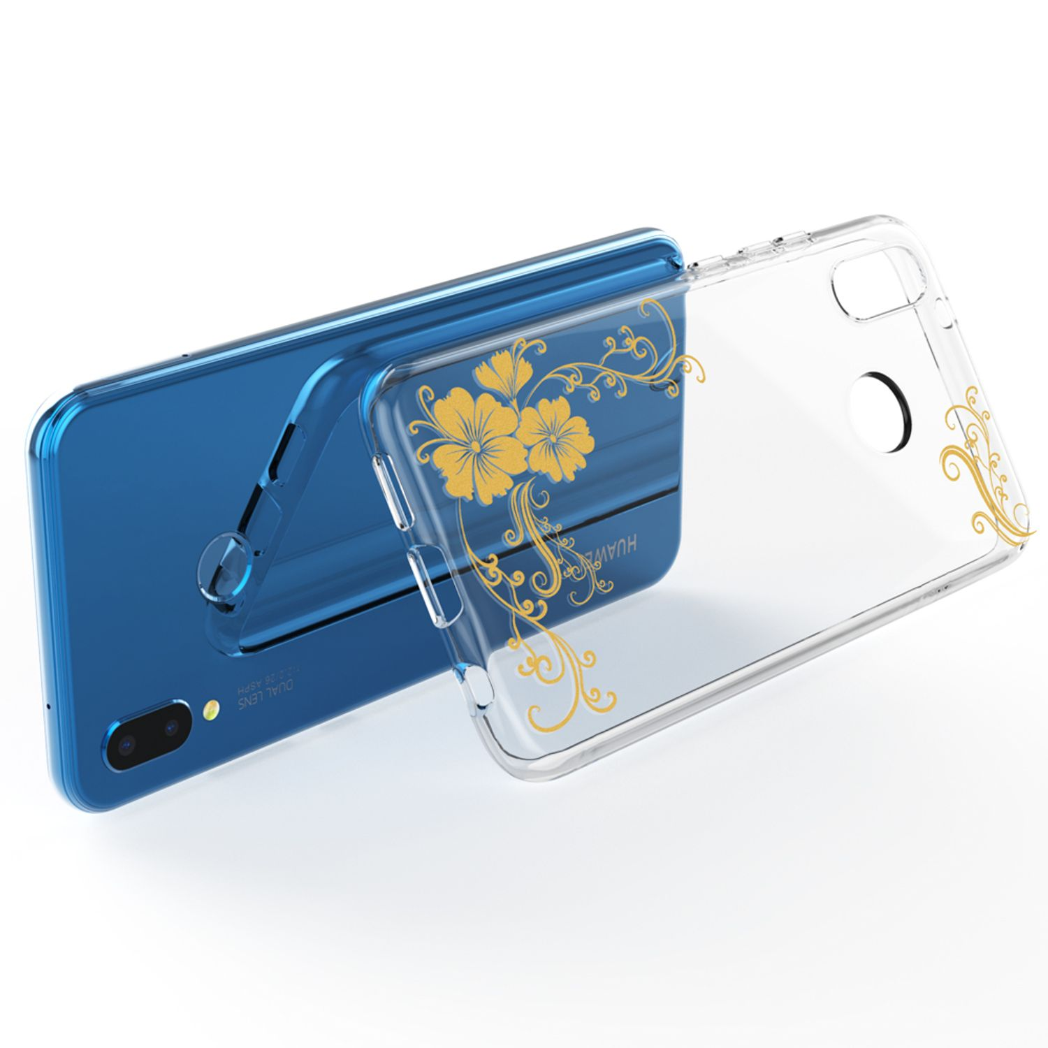 Ein blaues Smartphone mit einer klaren Hülle mit gelbem Blumendesign.