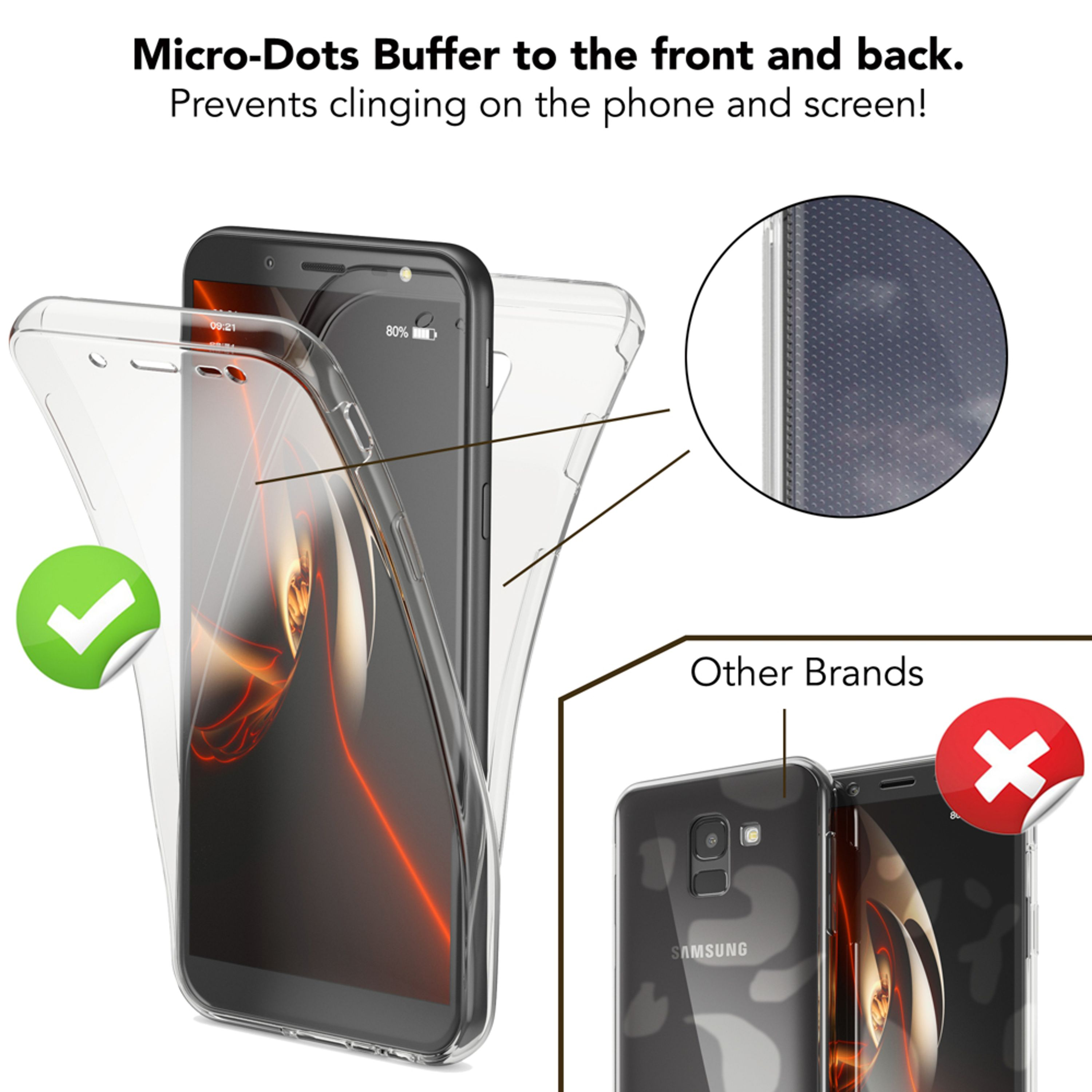Transparente Handyhülle mit Mikro-Punkt-Puffer und einem grünen Häkchen-Aufkleber.