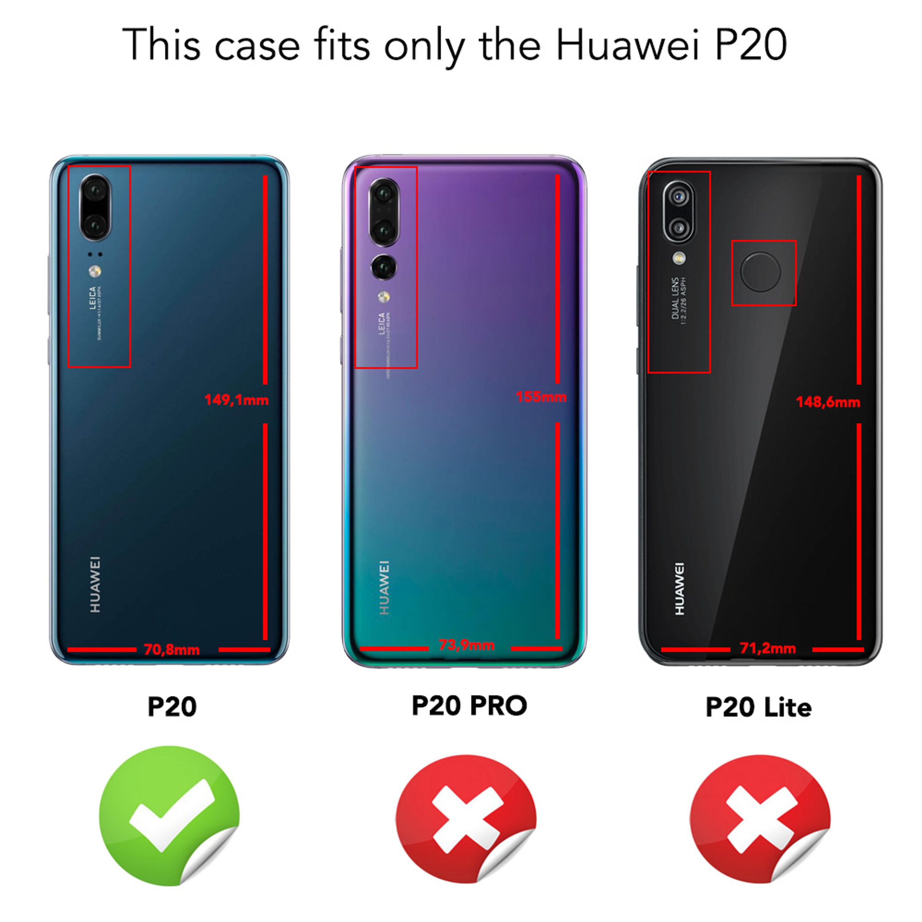 Drei Huawei-Handys: P20, P20 Pro, P20 Lite mit Maßen.