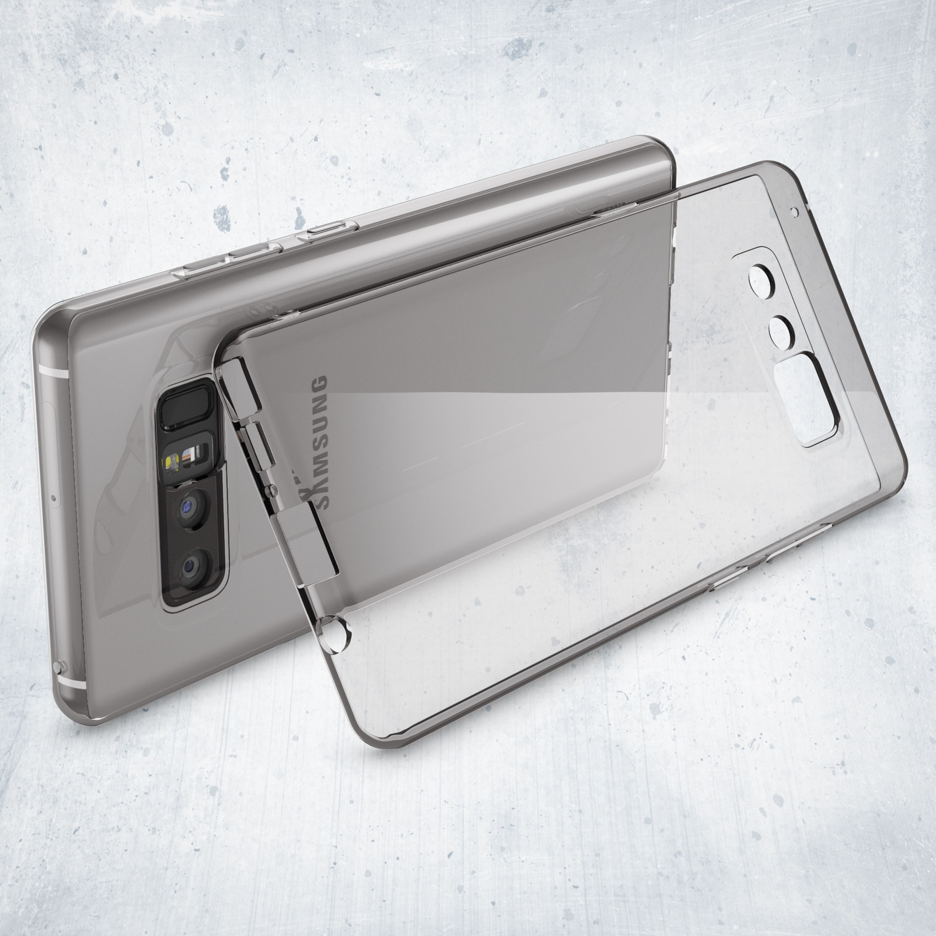 Ein durchsichtiger Handyschutz umgibt ein Samsung-Telefon mit zwei Kameras.