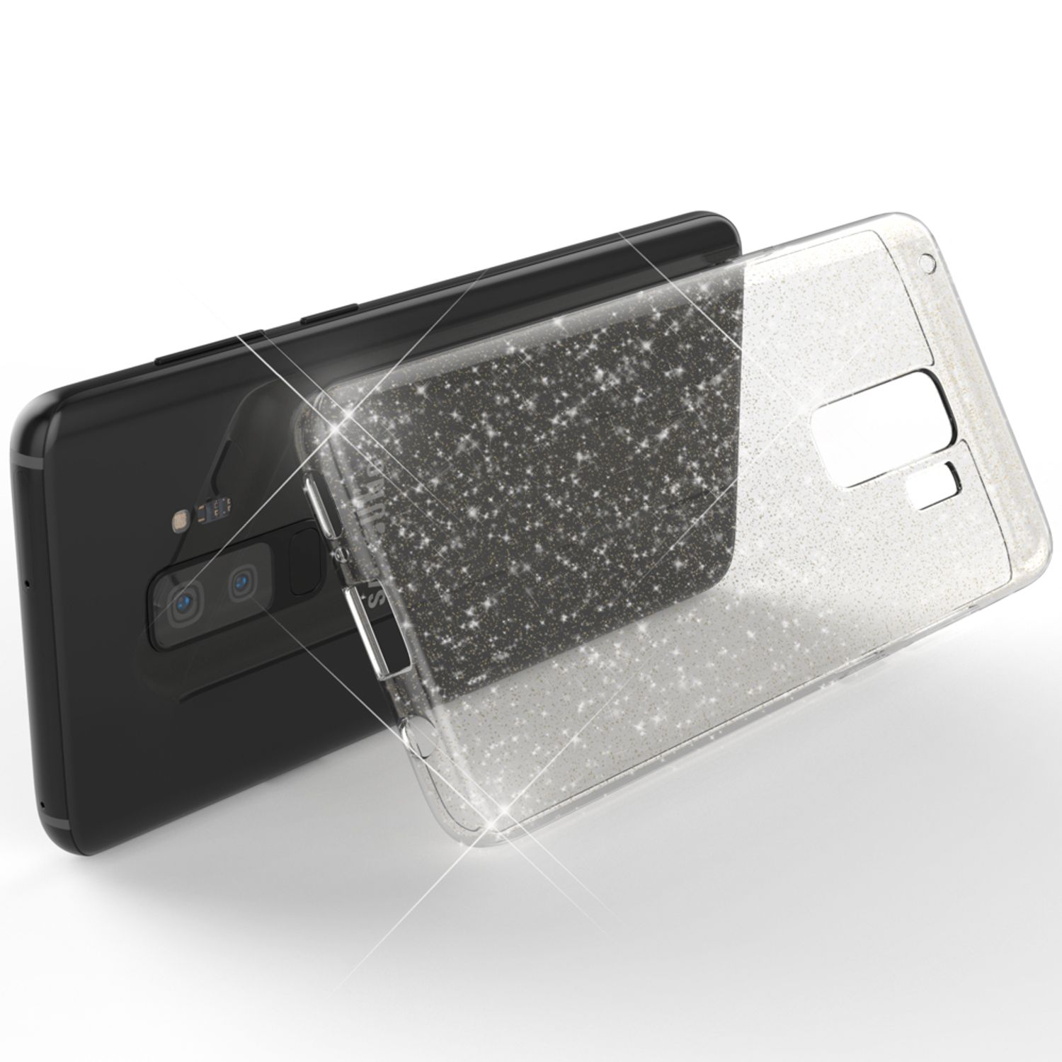Schwarzes Handy mit glitzernder Schutzhülle, die teilweise aufgeschoben ist.