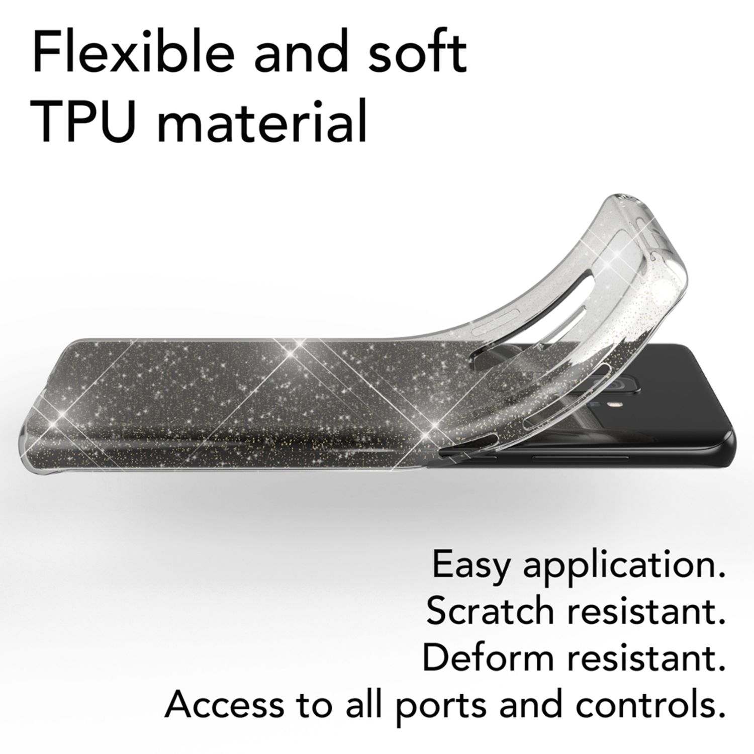 Transparente TPU-Handyhülle mit Glitzer, die sich biegt und an ein schwarzes Telefon anpasst.