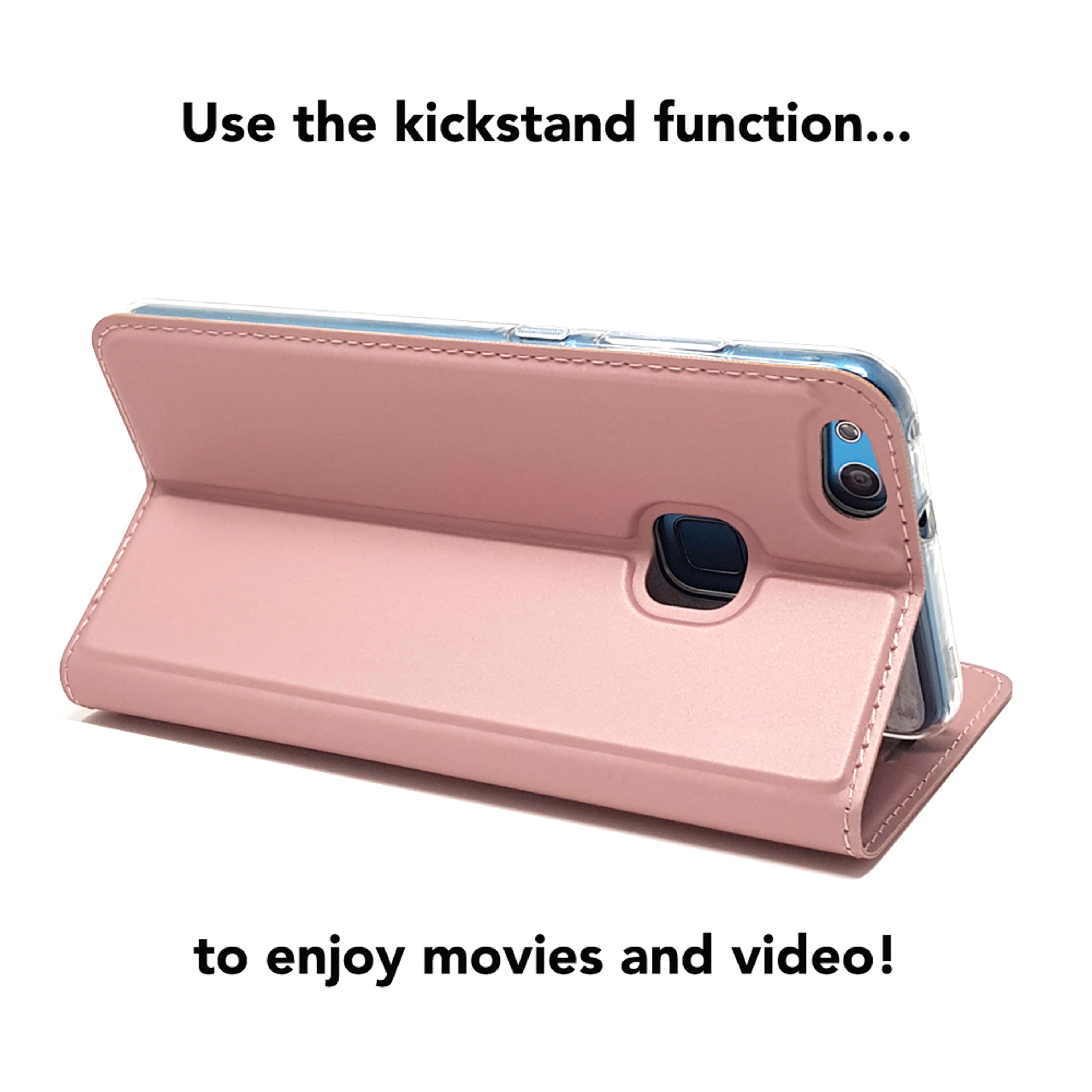 Ein rosafarbenes Handycover mit integriertem Ständer, das ein Smartphone hält.