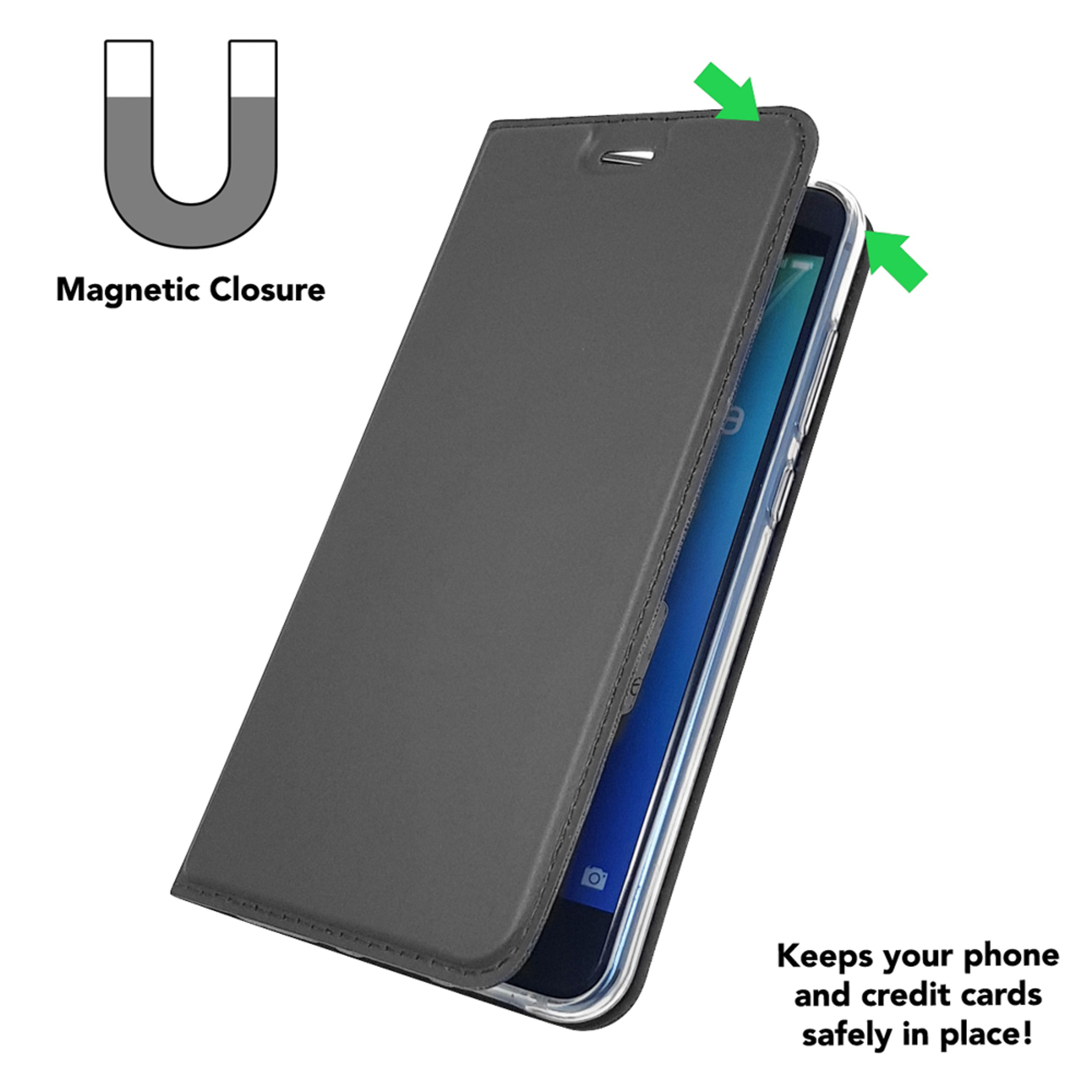 Graue Handyhülle mit Magnetverschluss und einem Handy darin.