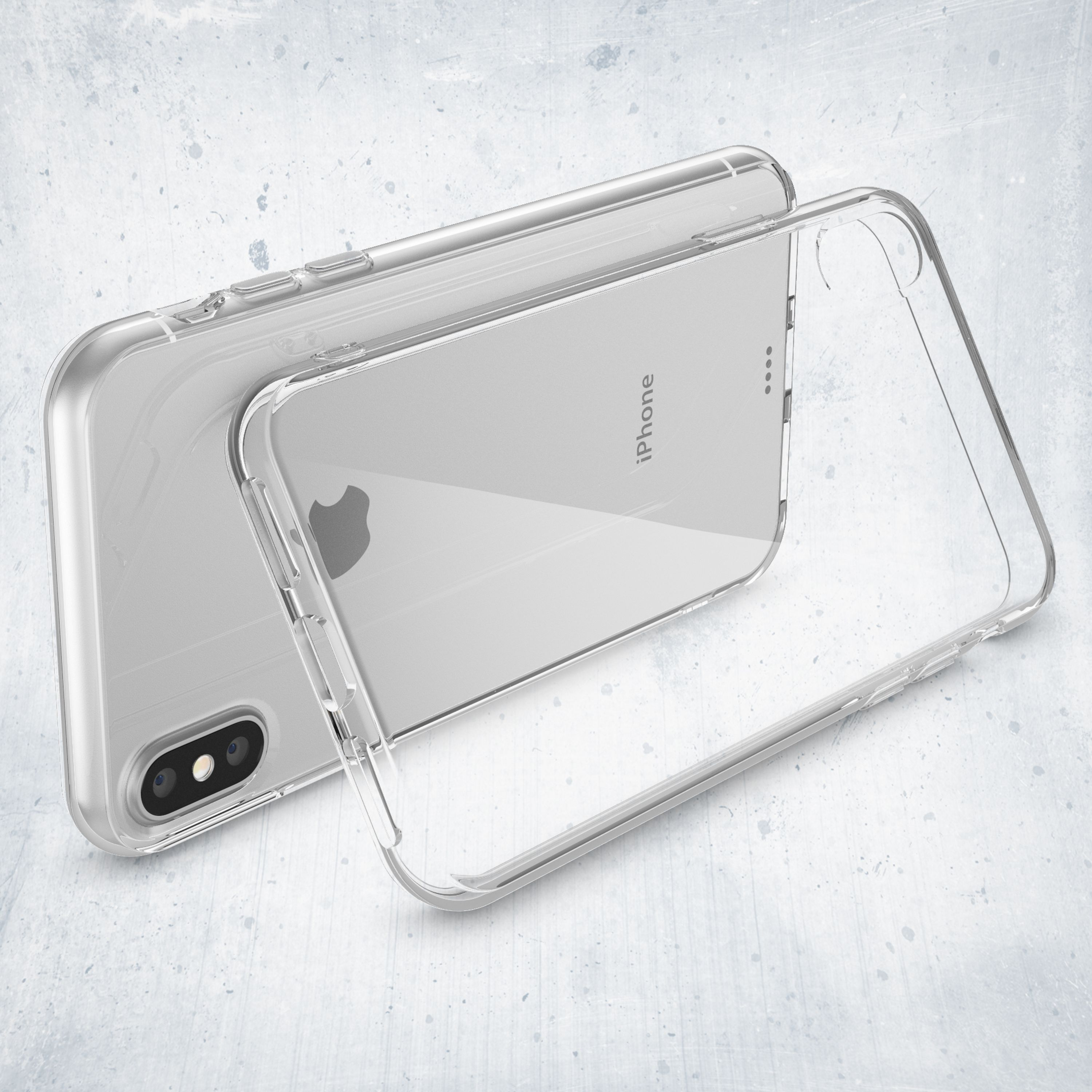 Ein durchsichtiges iPhone liegt mit einer transparenten Hülle auf einem hellgrauen Hintergrund.