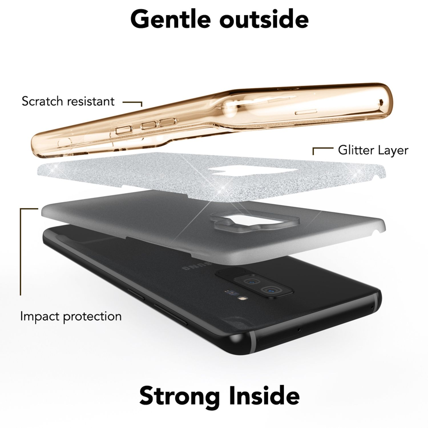 Cover trasparente per telefono con strato glitterato e protezione dagli urti.
