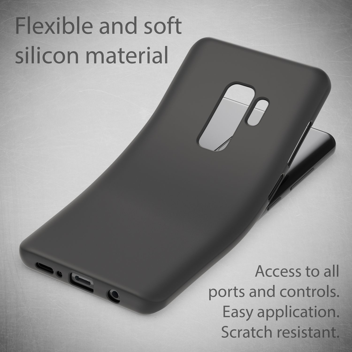 Custodia in silicone nera per telefono con ritagli per fotocamera e porte.