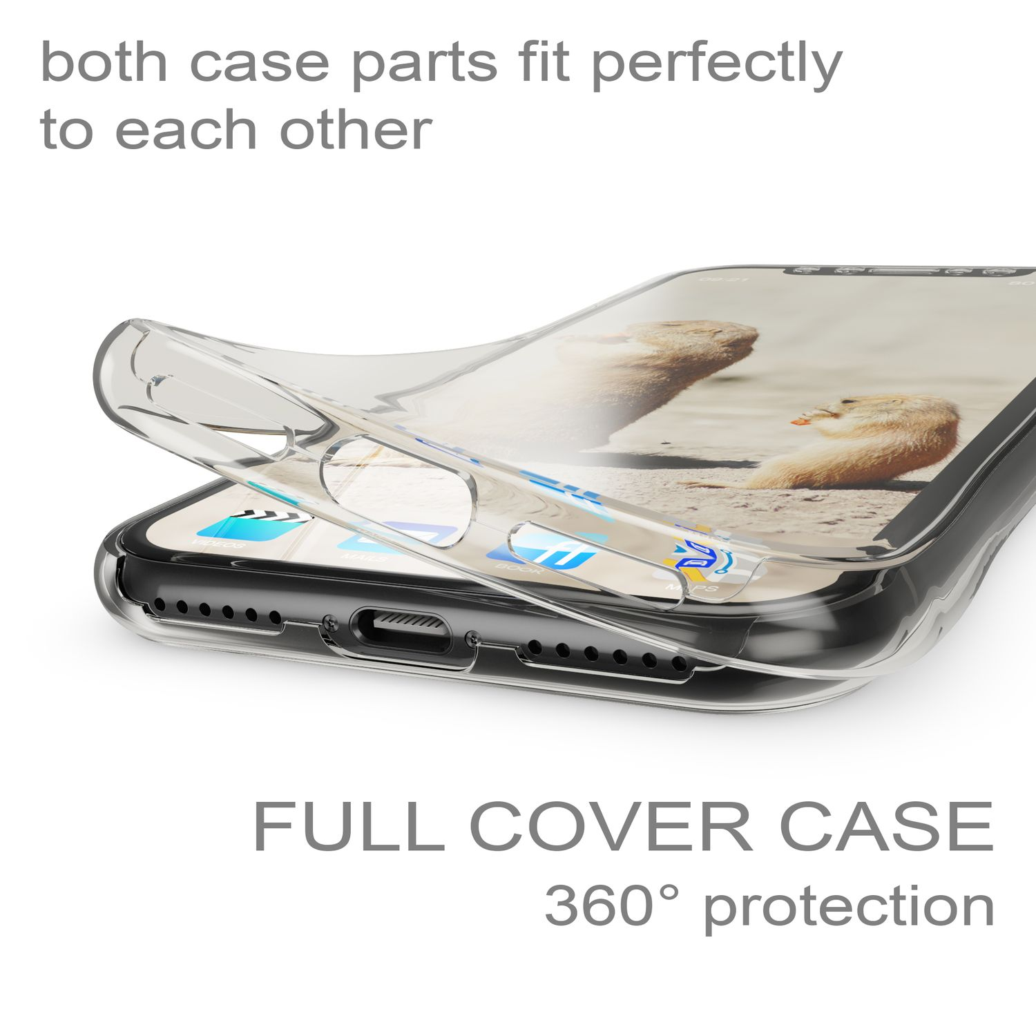 Transparenter Handyschutz, der perfekt passt. Zeigt ein Handy mit einem Bild von Präriehunden.