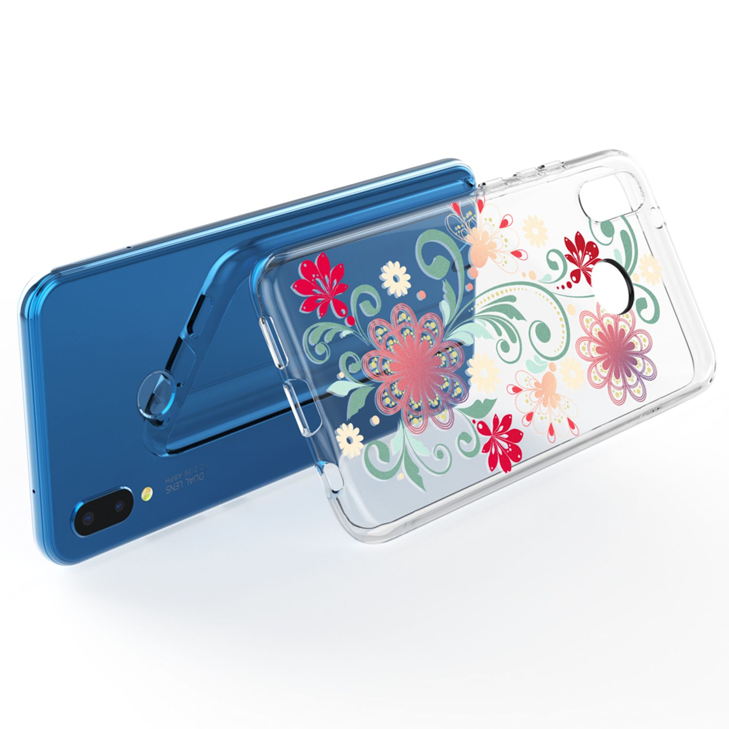 Ein blauer Smartphone-Rücken mit einer transparenten Hülle mit Blumenmuster.