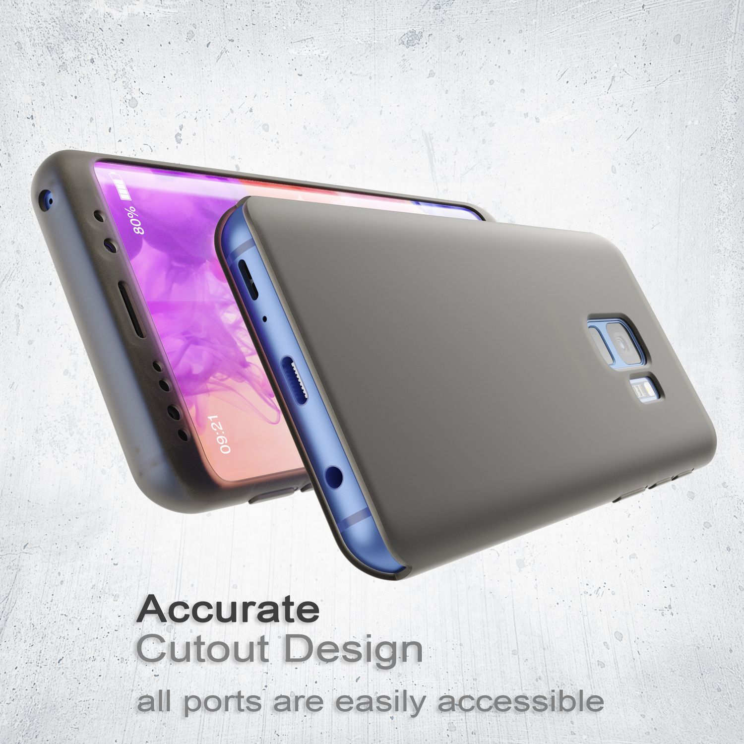 Graue Handyhülle mit Ausschnitten für Anschlüsse, neben einem Smartphone.