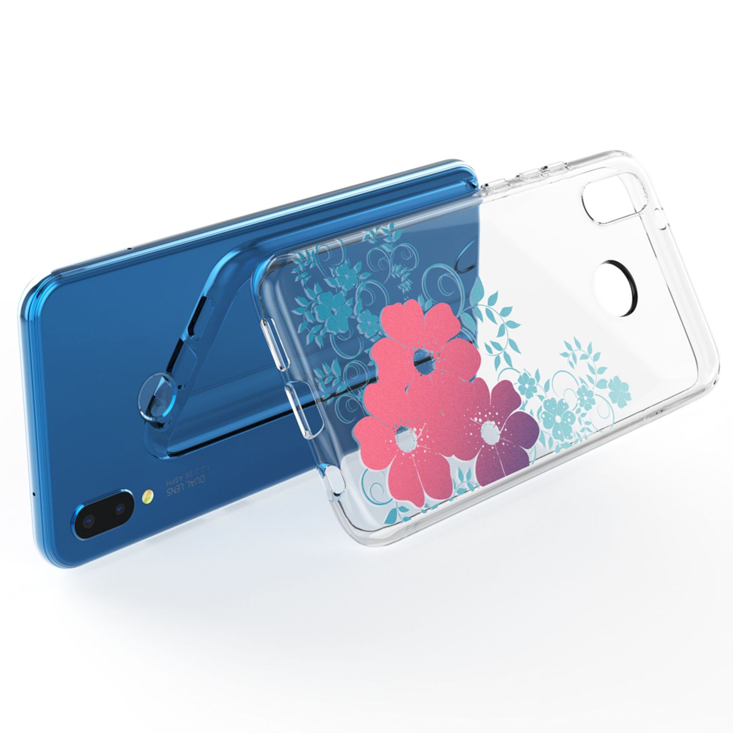 Ein blauer Handyhülle mit bunten Blumenmustern liegt auf einem blauen Handy.