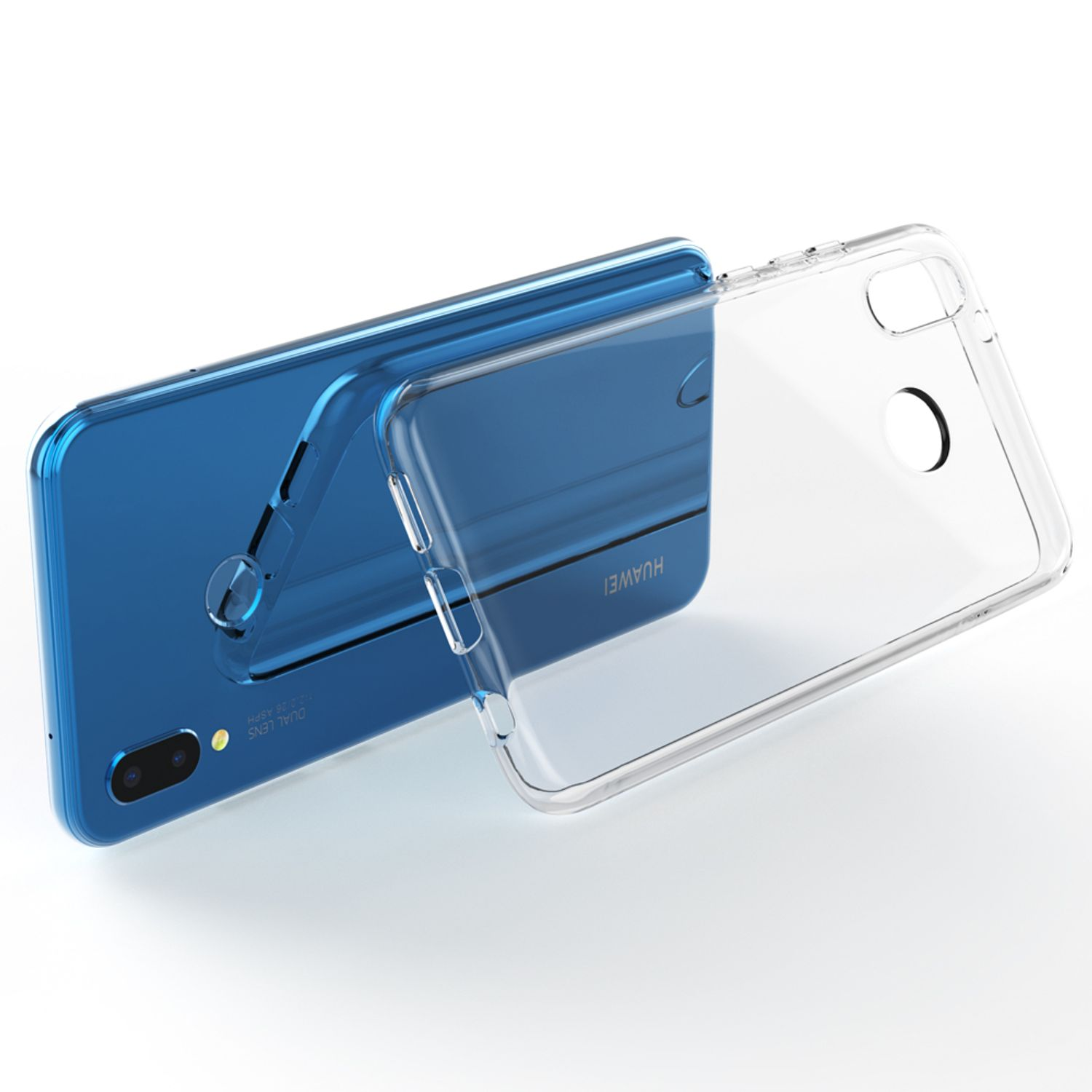 Ein blaues Huawei-Handy mit einer teilweise bedeckenden Schutzhülle aus Glas.