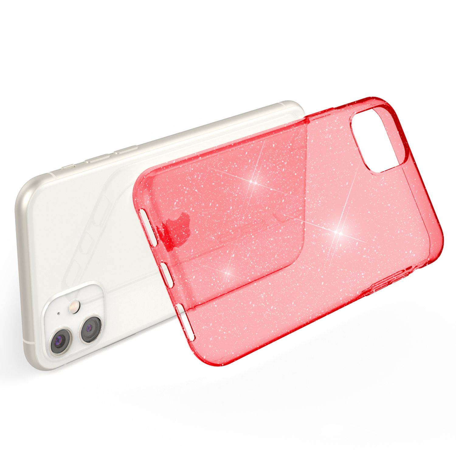 Ein durchsichtiges rotes Glitzer-Handyhülle liegt neben einem weißen Smartphone.