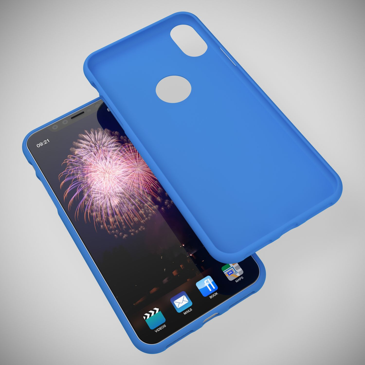 Uno smartphone blu con fuochi d'artificio sullo schermo e una custodia protettiva.