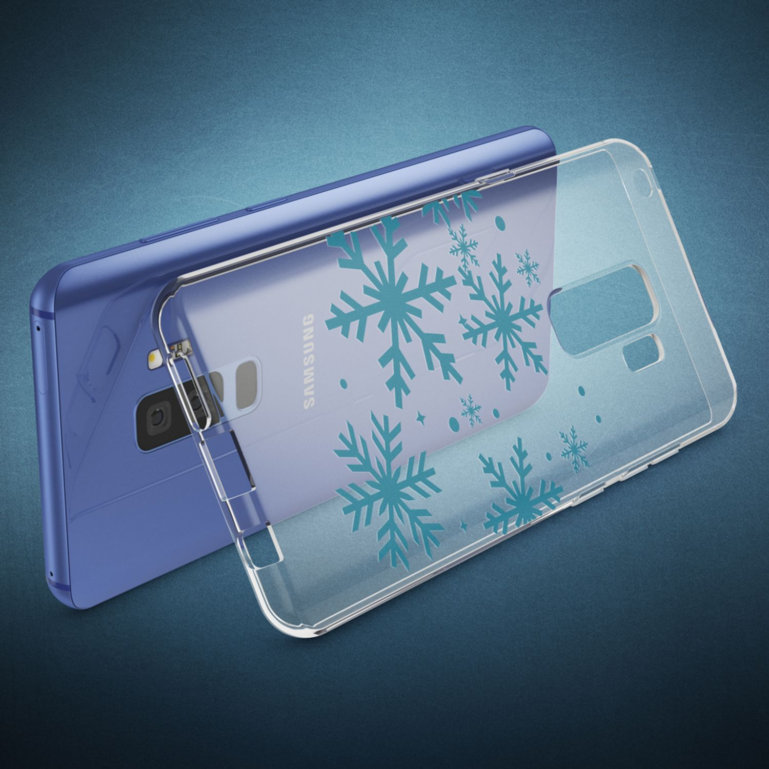 Eine durchsichtige Handyhülle mit blauen Schneeflocken liegt auf einem blauen Samsung-Handy.