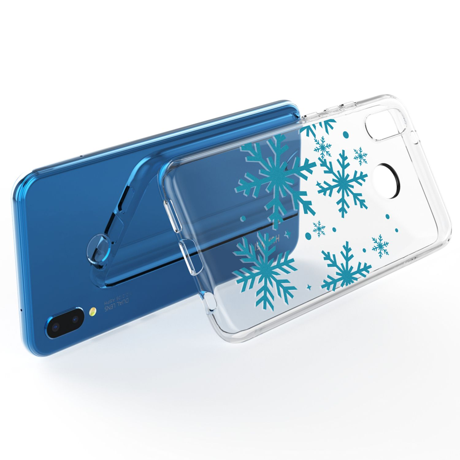 Ein blaues Telefon mit einer transparenten Hülle mit Schneeflockenmuster