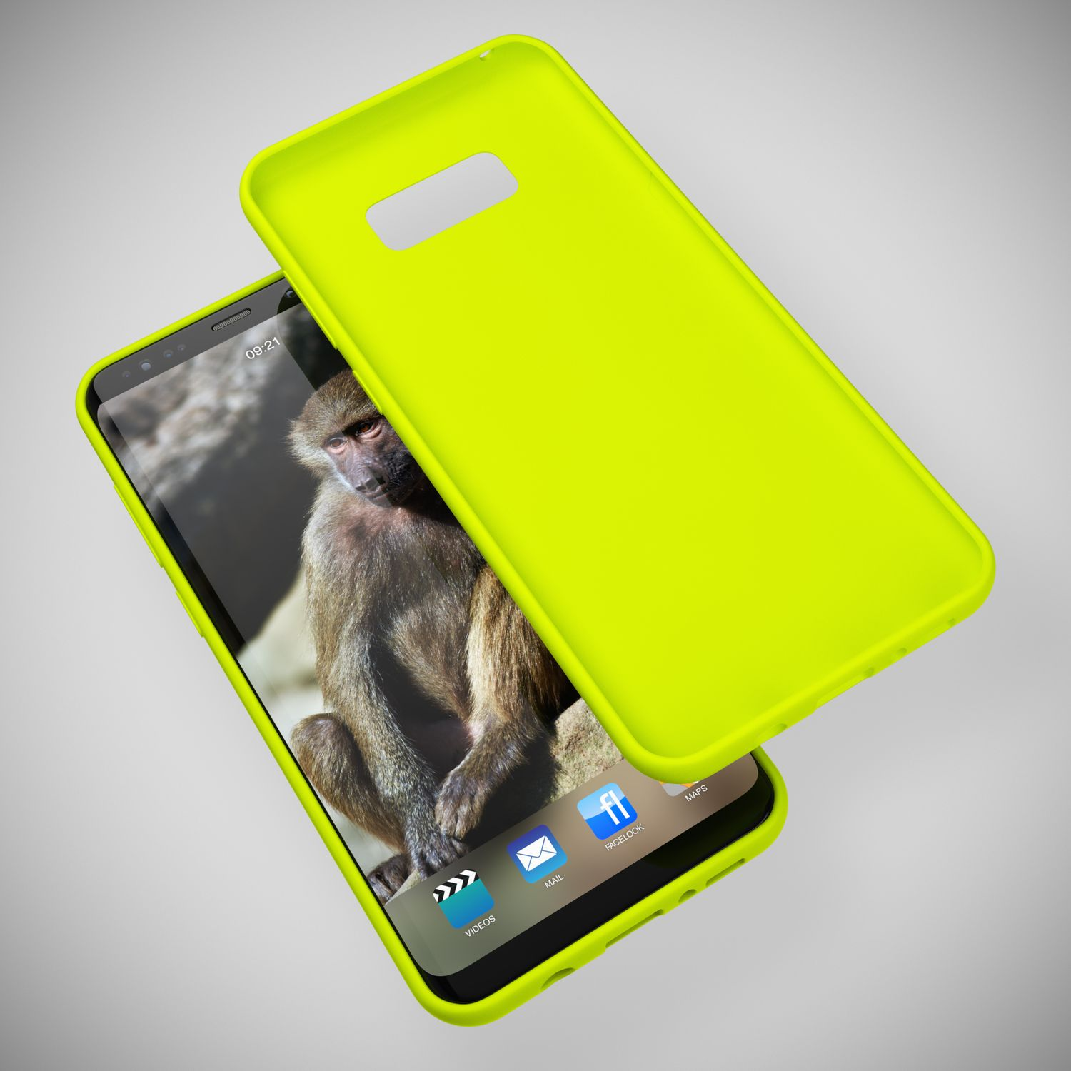 Ein gelbes Handy mit einem Affen auf dem Bildschirm und einer Handyhülle.