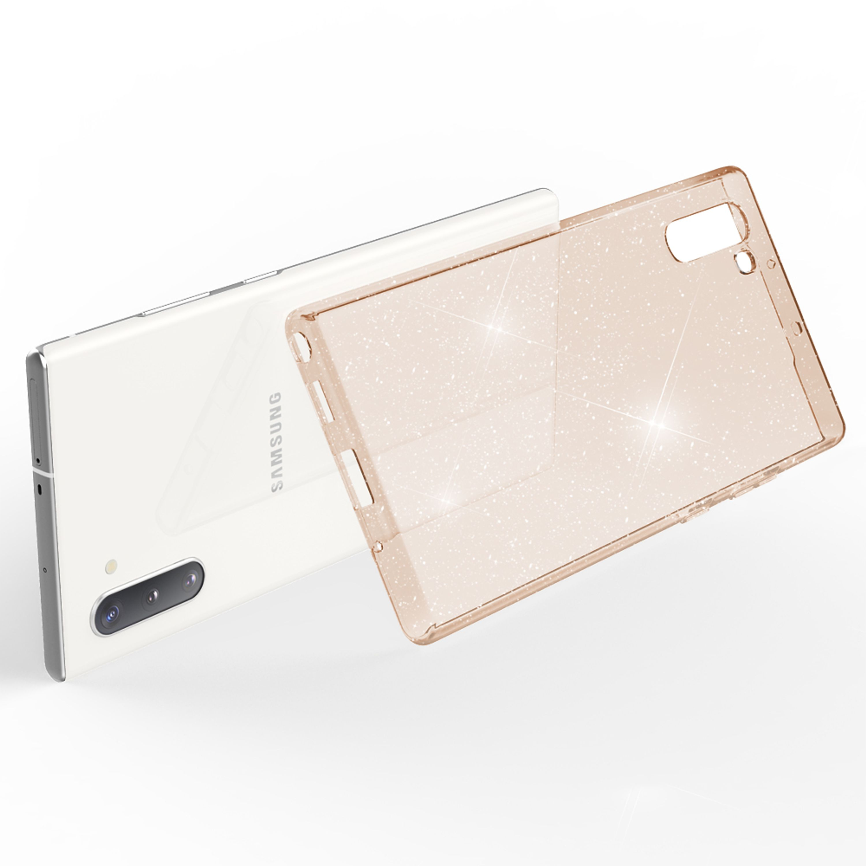 Uno smartphone bianco con una custodia trasparente e scintillante accanto.