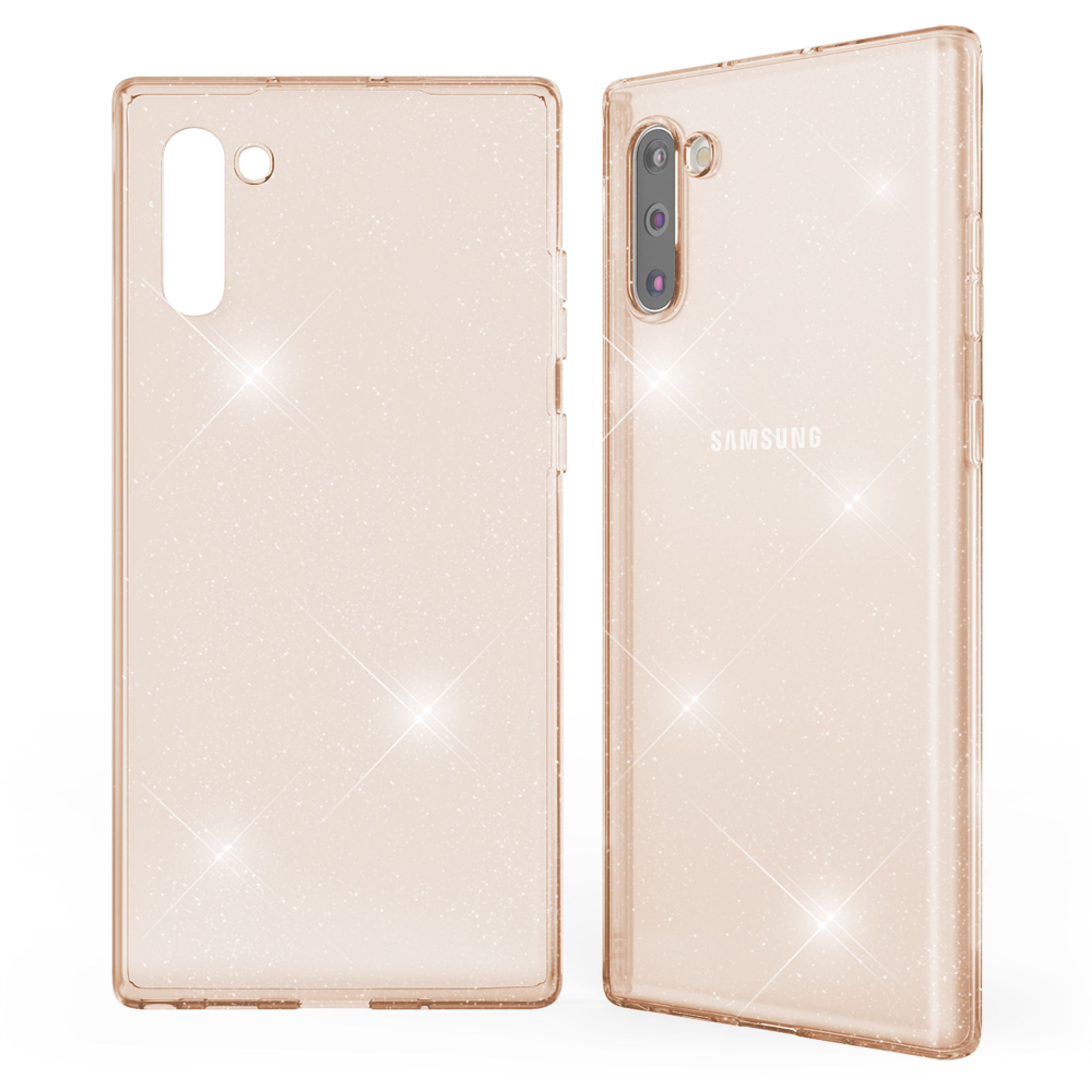 Due custodie trasparenti per telefono con particelle glitter. Una mostra il retro con le fotocamere.
