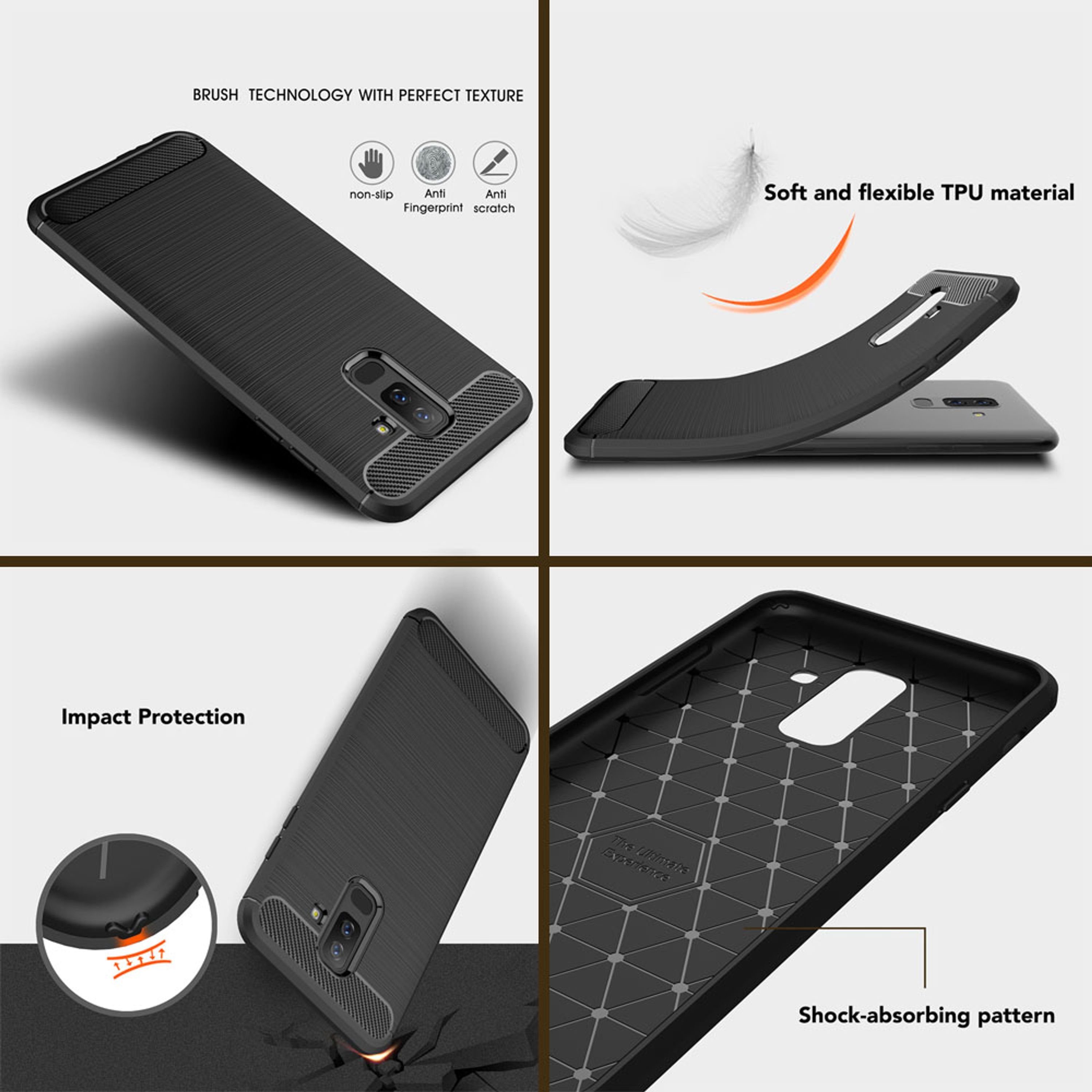 Vier Bilder zeigen schwarze Handyhüllen mit gebürsteter Textur, TPU-Material und stoßdämpfendem Muster.