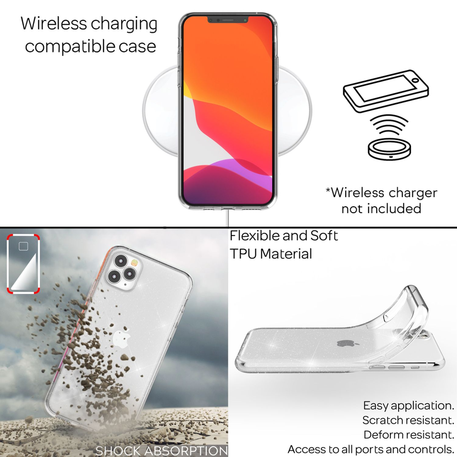 Transparente Handyhülle mit Stoßabsorption und kabelloser Ladekompatibilität.