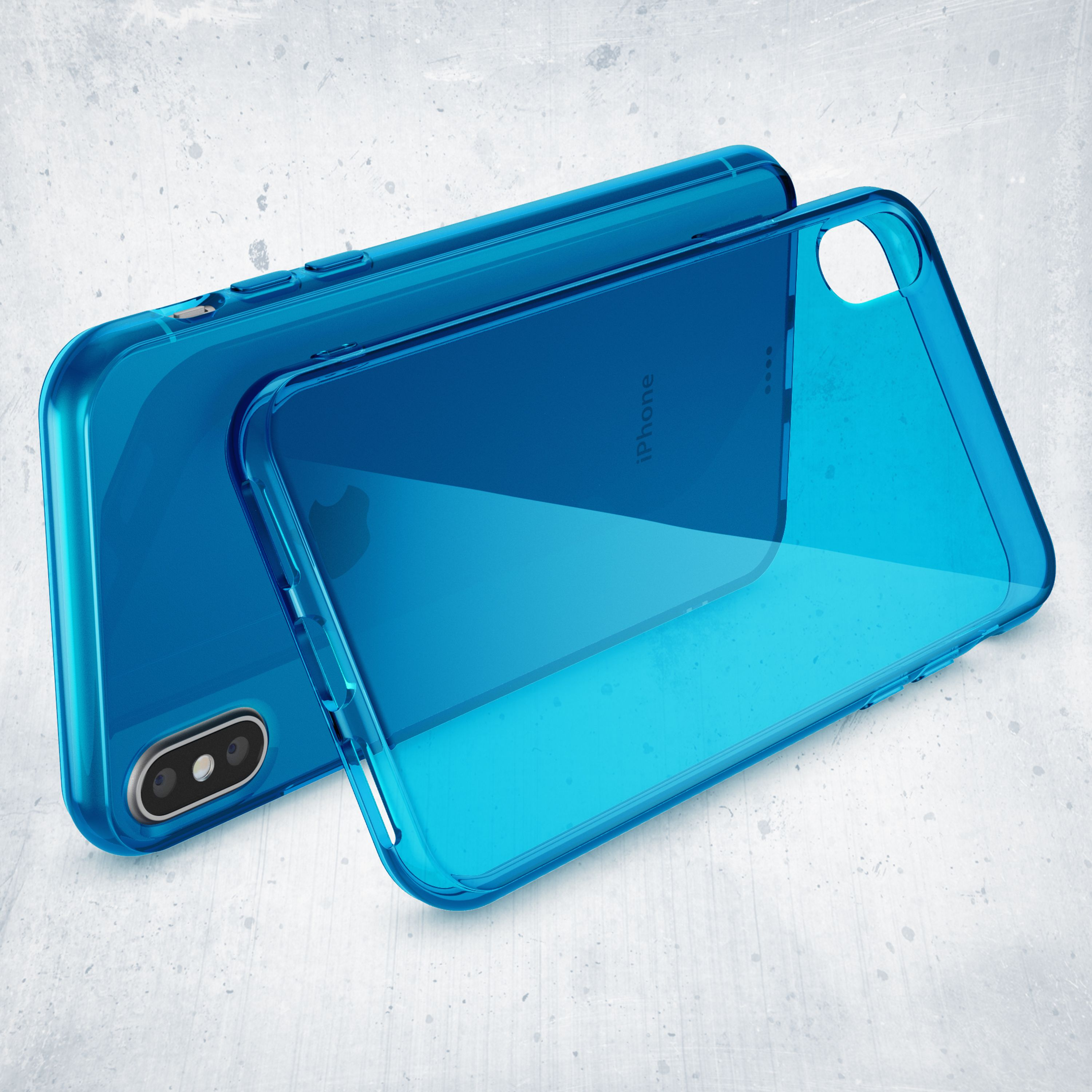 Zwei transparente blaue iPhone-Hüllen liegen nebeneinander auf einem hellgrauen Untergrund.