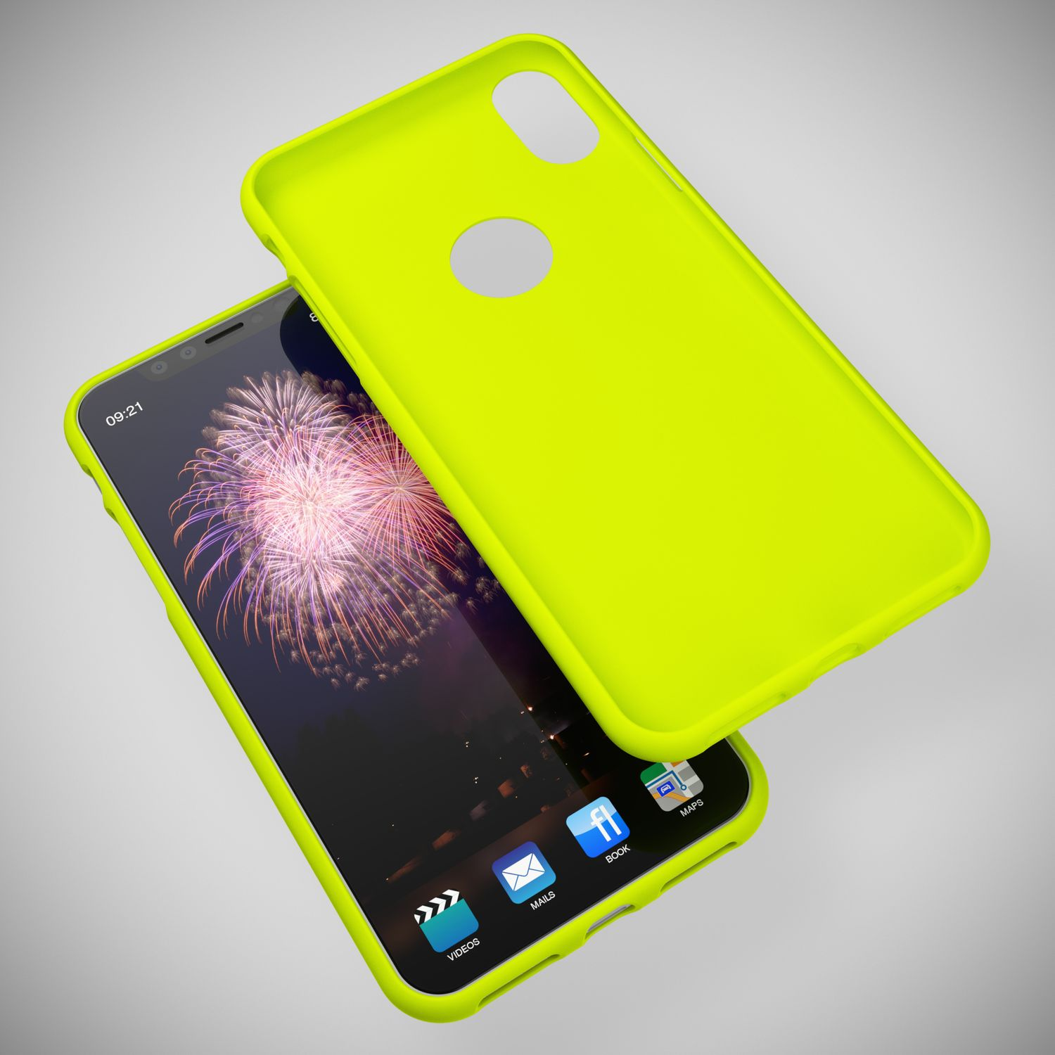 Una custodia verde neon brillante giace accanto a uno smartphone con sfondo di fuochi d'artificio.