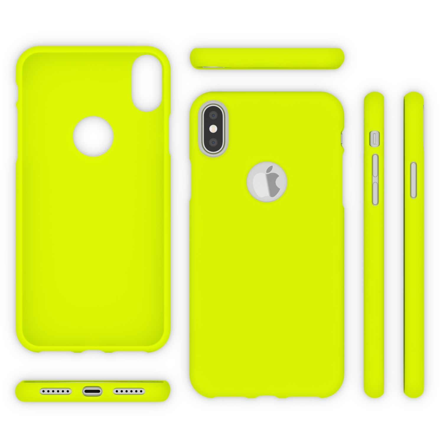 Diverse custodie per telefono giallo brillante mostrate da diverse angolazioni.