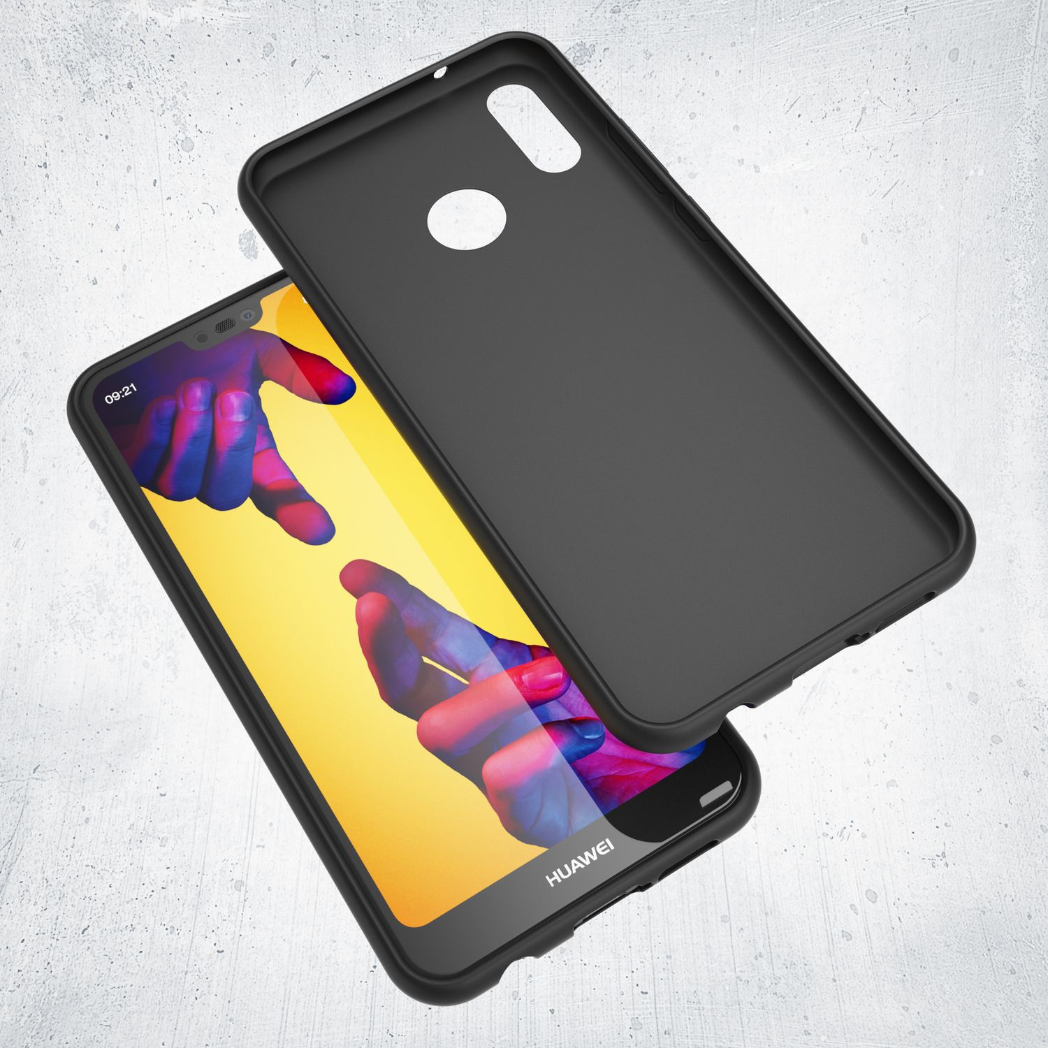 Schwarze Handyhülle schwebt über einem Smartphone mit zwei sich reichenden Händen.