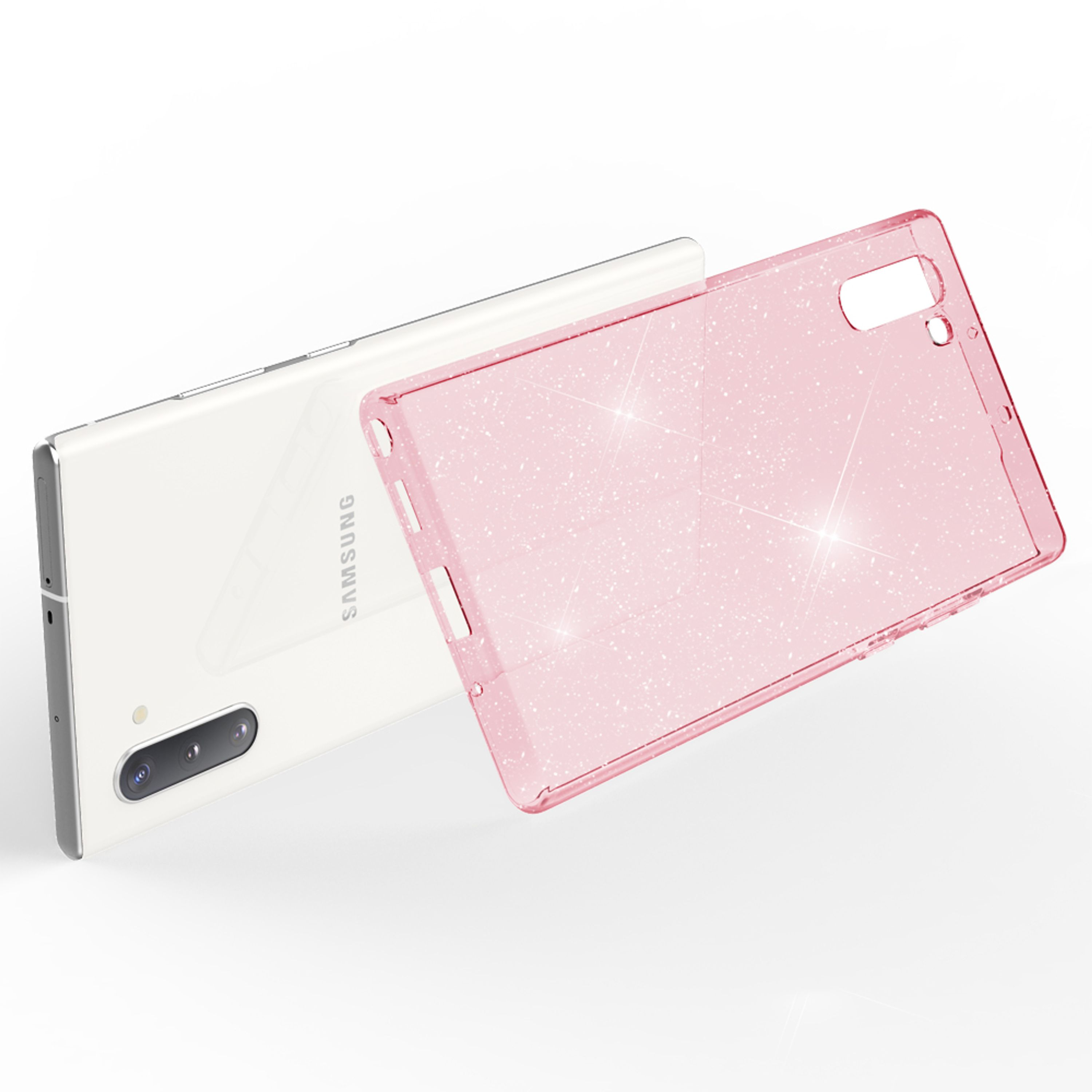 Uno smartphone bianco con una cover rosa glitterata accanto.